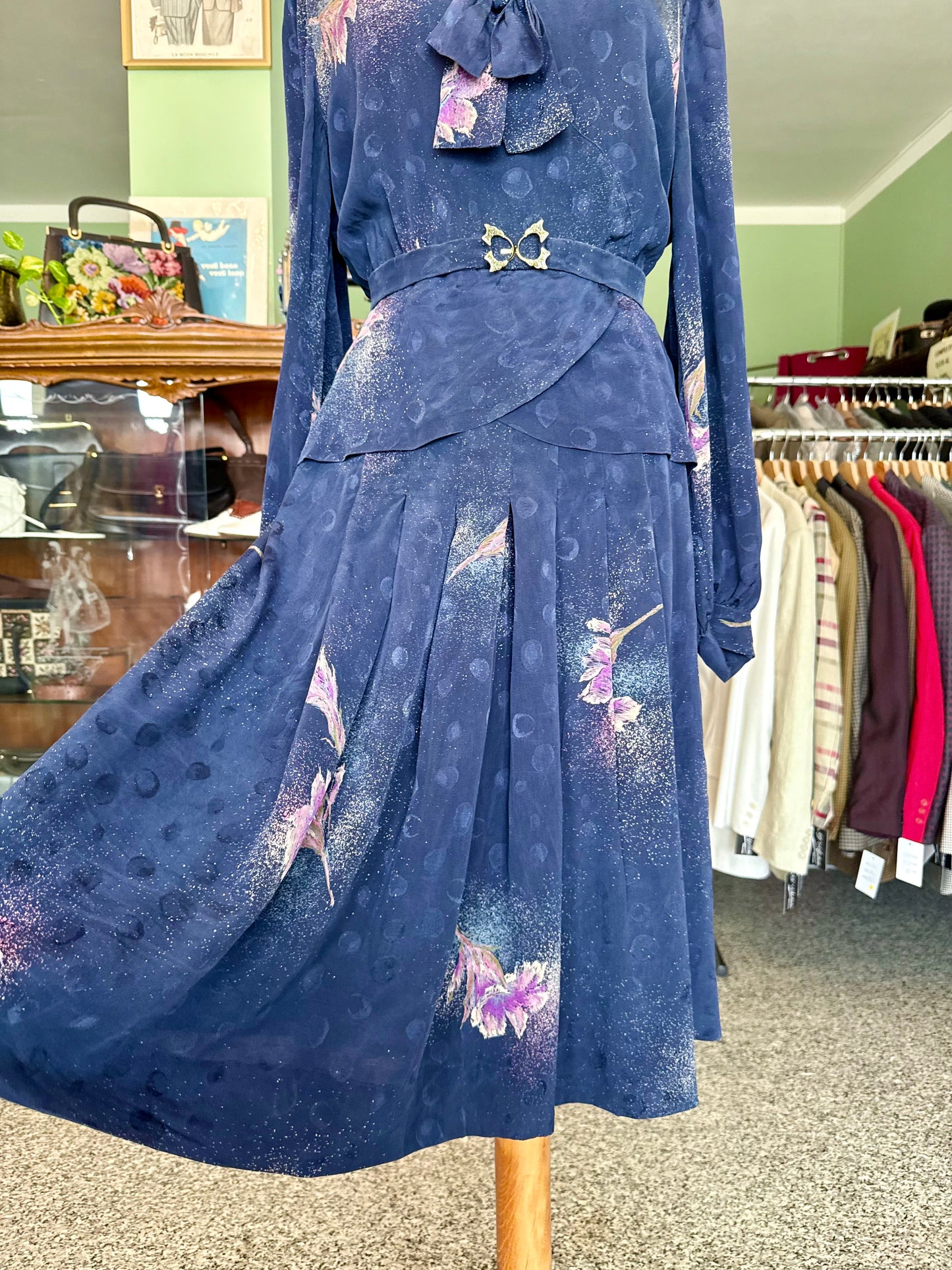 Abito blu in seta con fiori lilla - TG. 46/48