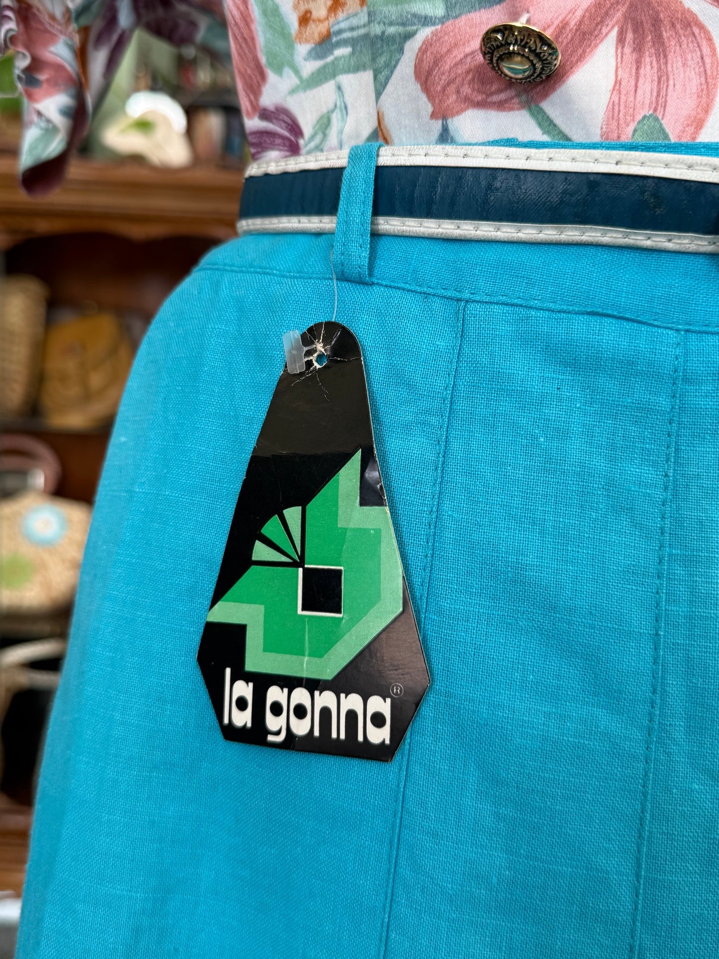 Gonna turchese anni ‘70 in lino e cotone - TG. 40