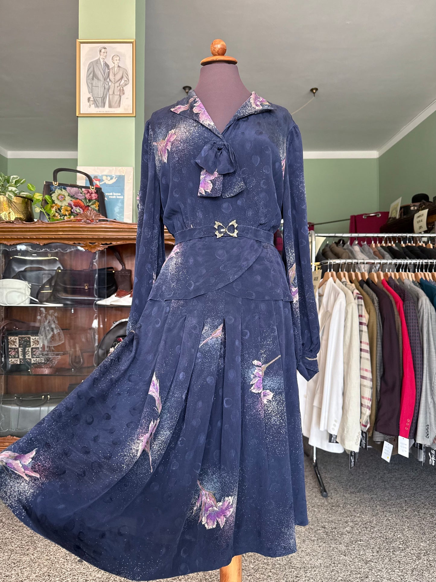 Abito blu in seta con fiori lilla - TG. 46/48