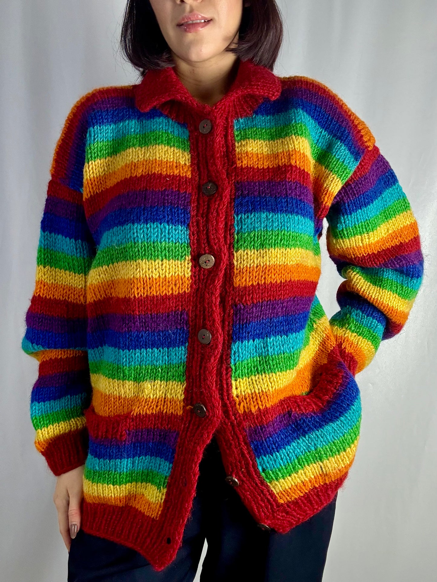 Cardigan in lana artigianale arcobaleno a righe - TG. 46/48/50