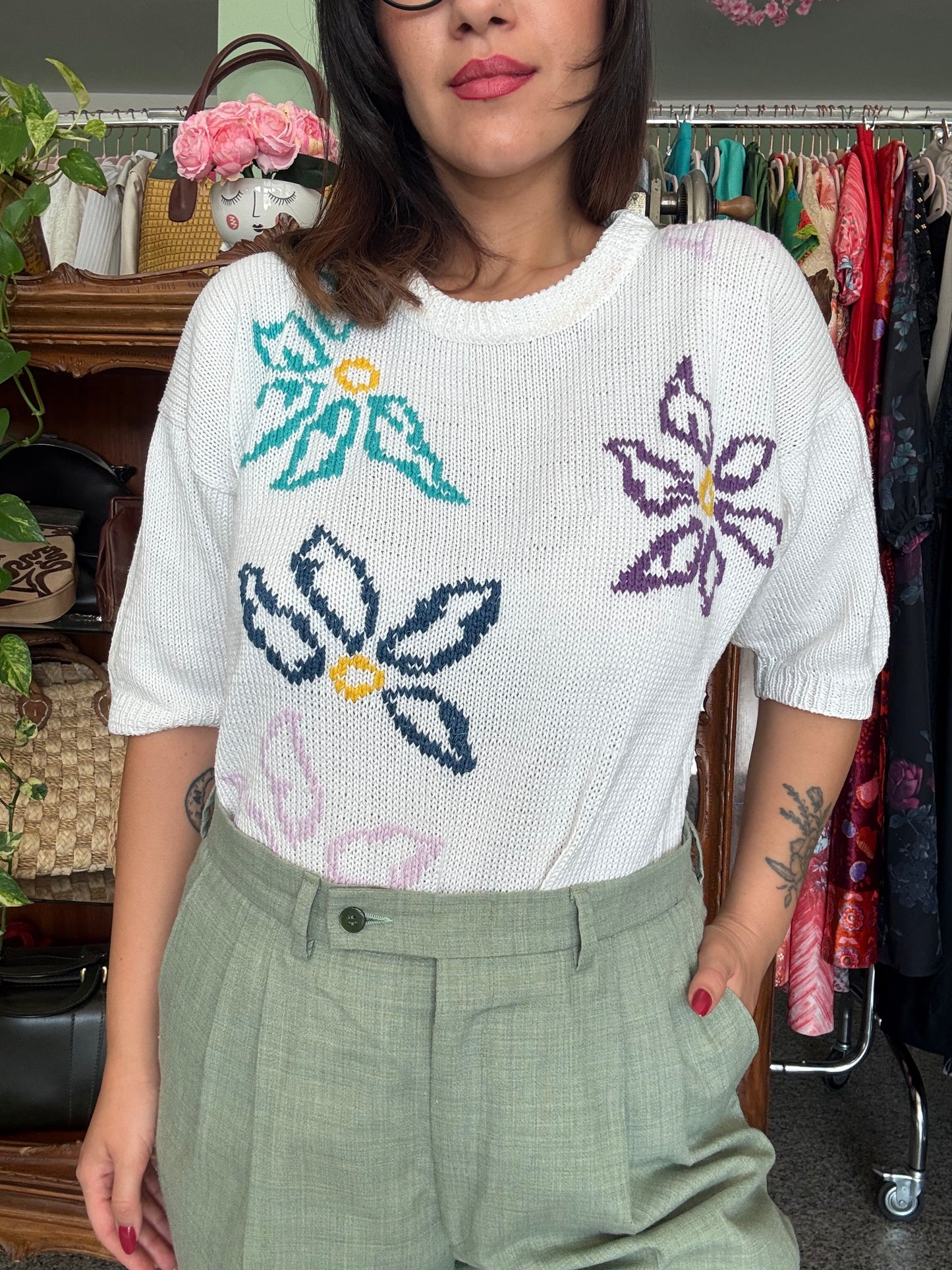 Maglia bianca con fiori - TG. M/L