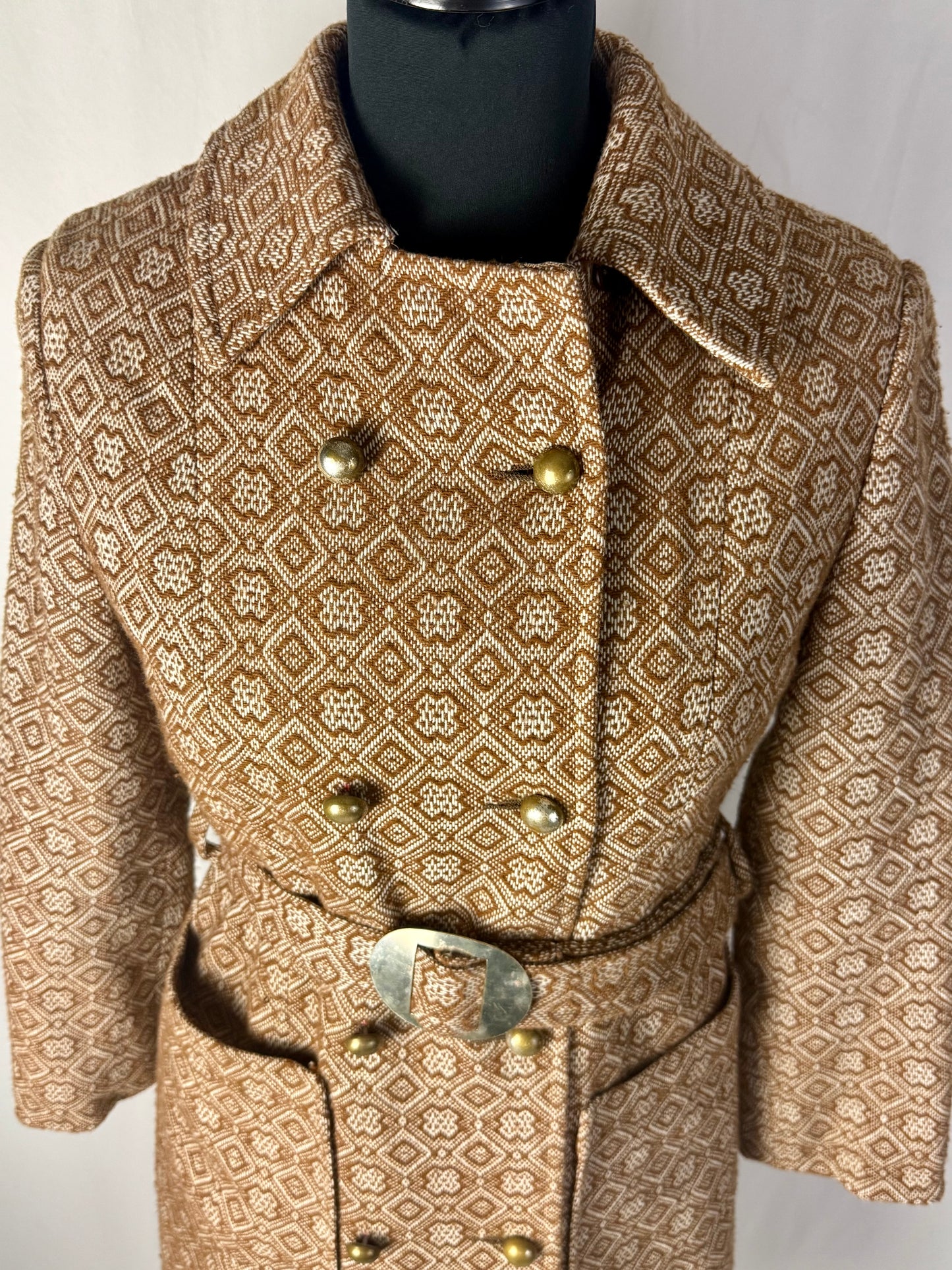 Cappotto anni ’60 in jacquard con cintura e bottoni dorati - TG. 40
