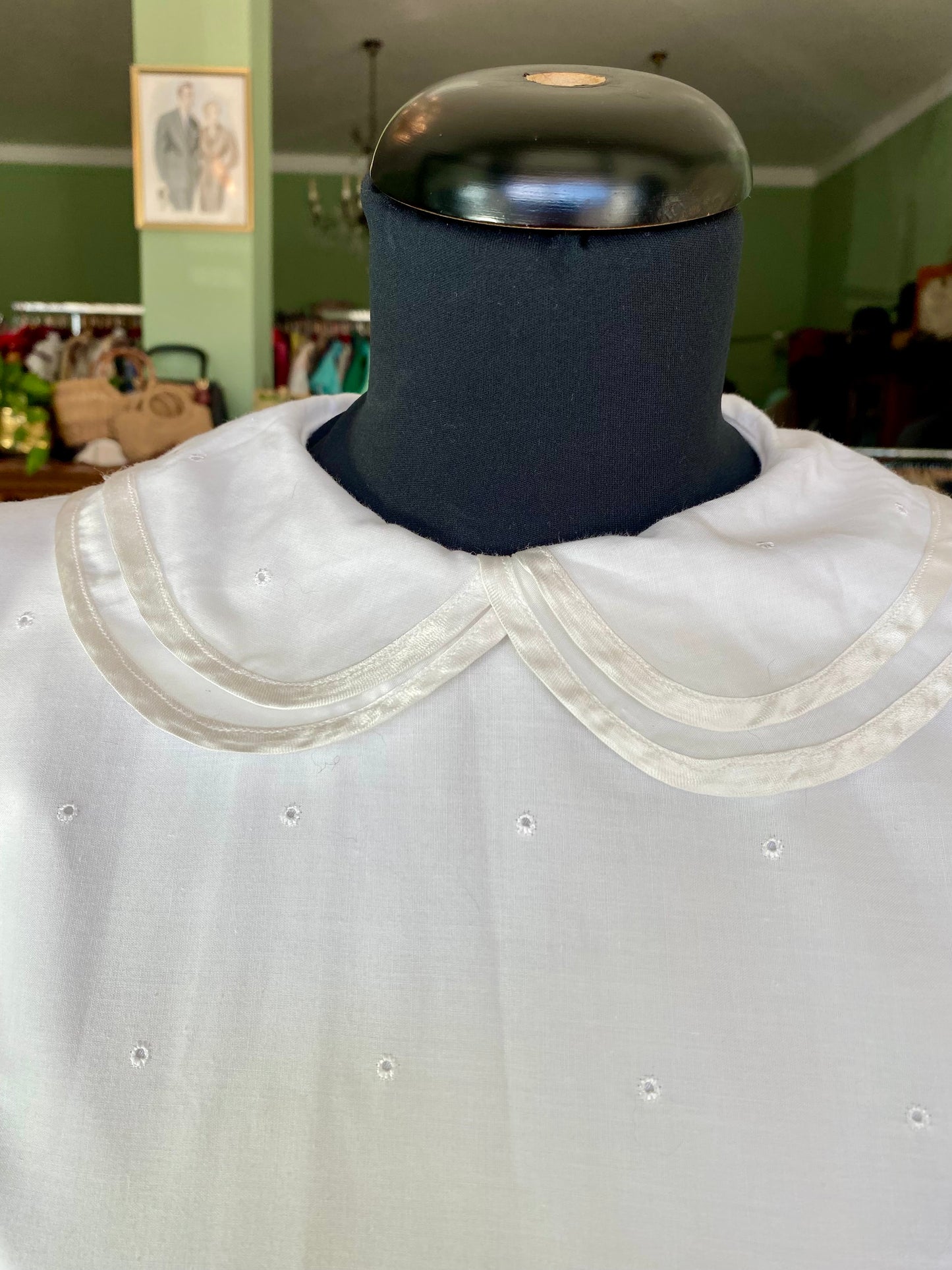 Abito bianco anni '70 in cotone ricamato stile prateria - TG. 38/40