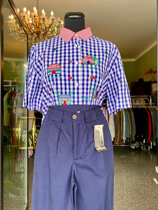 Camicia in cotone a quadretti con ricami - TG. 42 circa