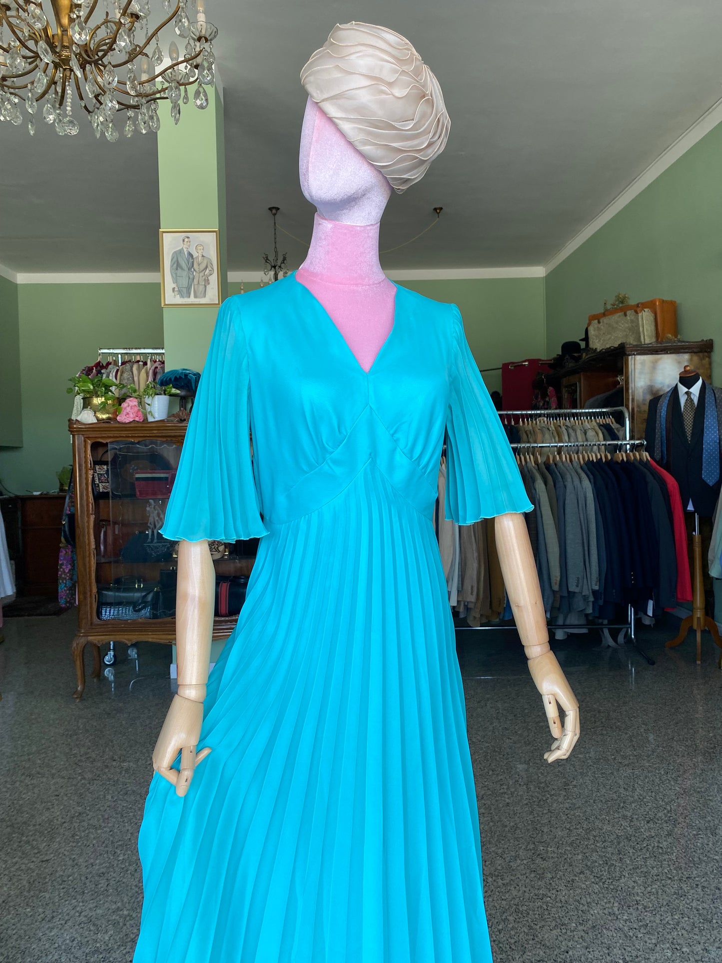 Maxi dress plissettato anni ‘70 turchese - TG.