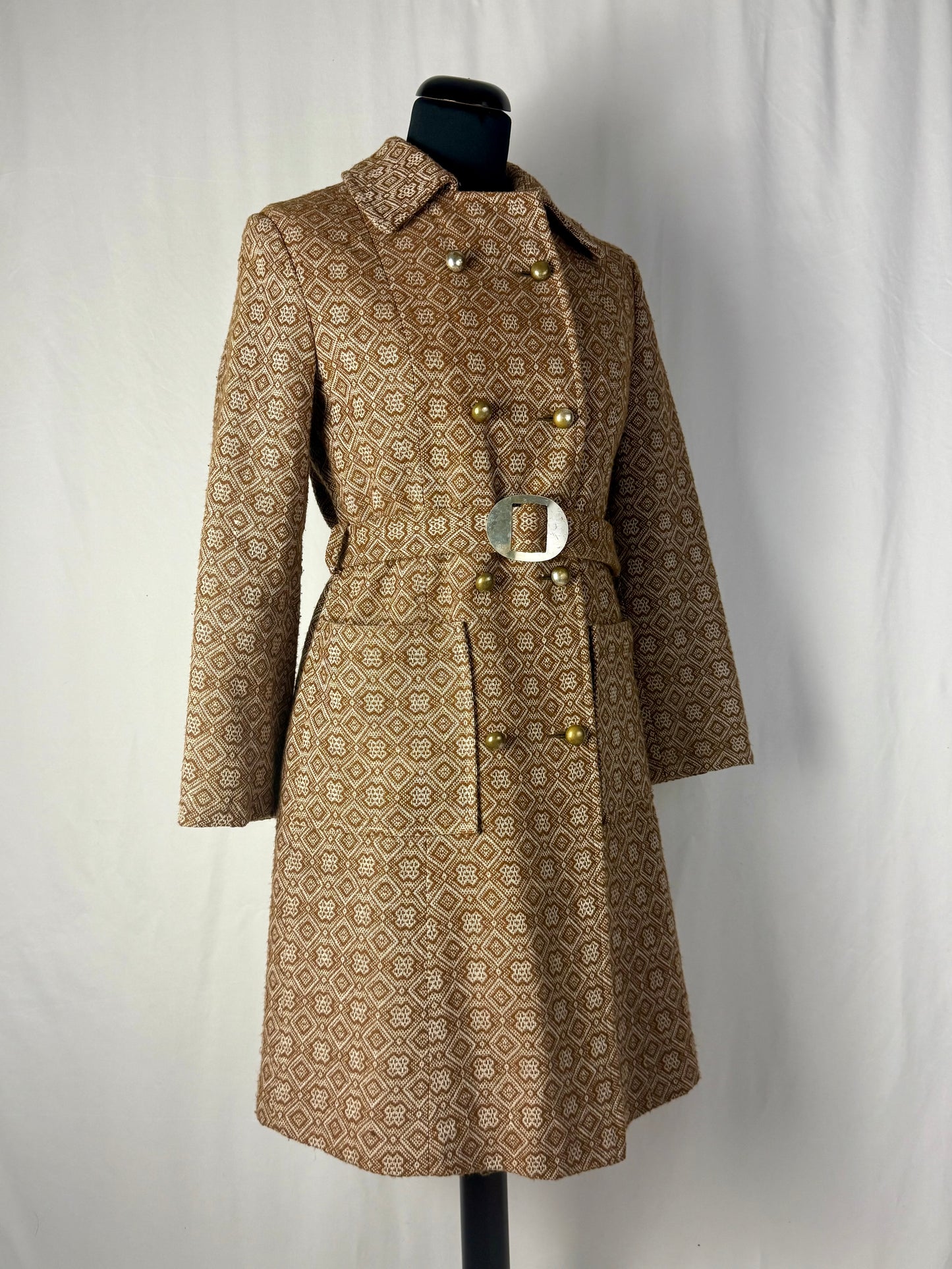 Cappotto anni ’60 in jacquard con cintura e bottoni dorati - TG. 40