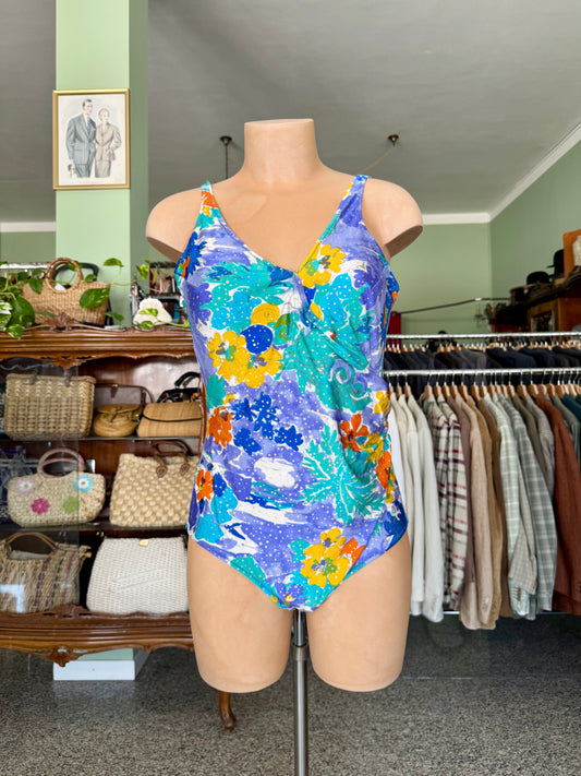 Costume intero lilla con fiori arancio/gialli- TG. 44/46
