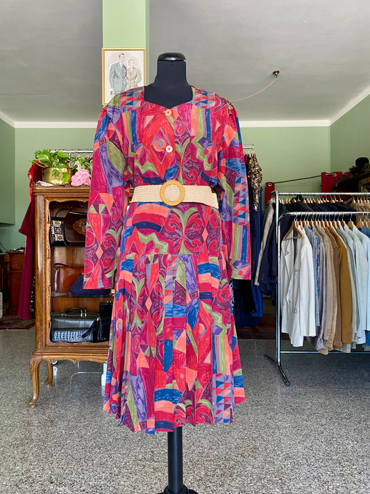 Completo vintage anni ’80 — camicia e gonna in stampa geometrico-tribale multicolor - TG. 46
