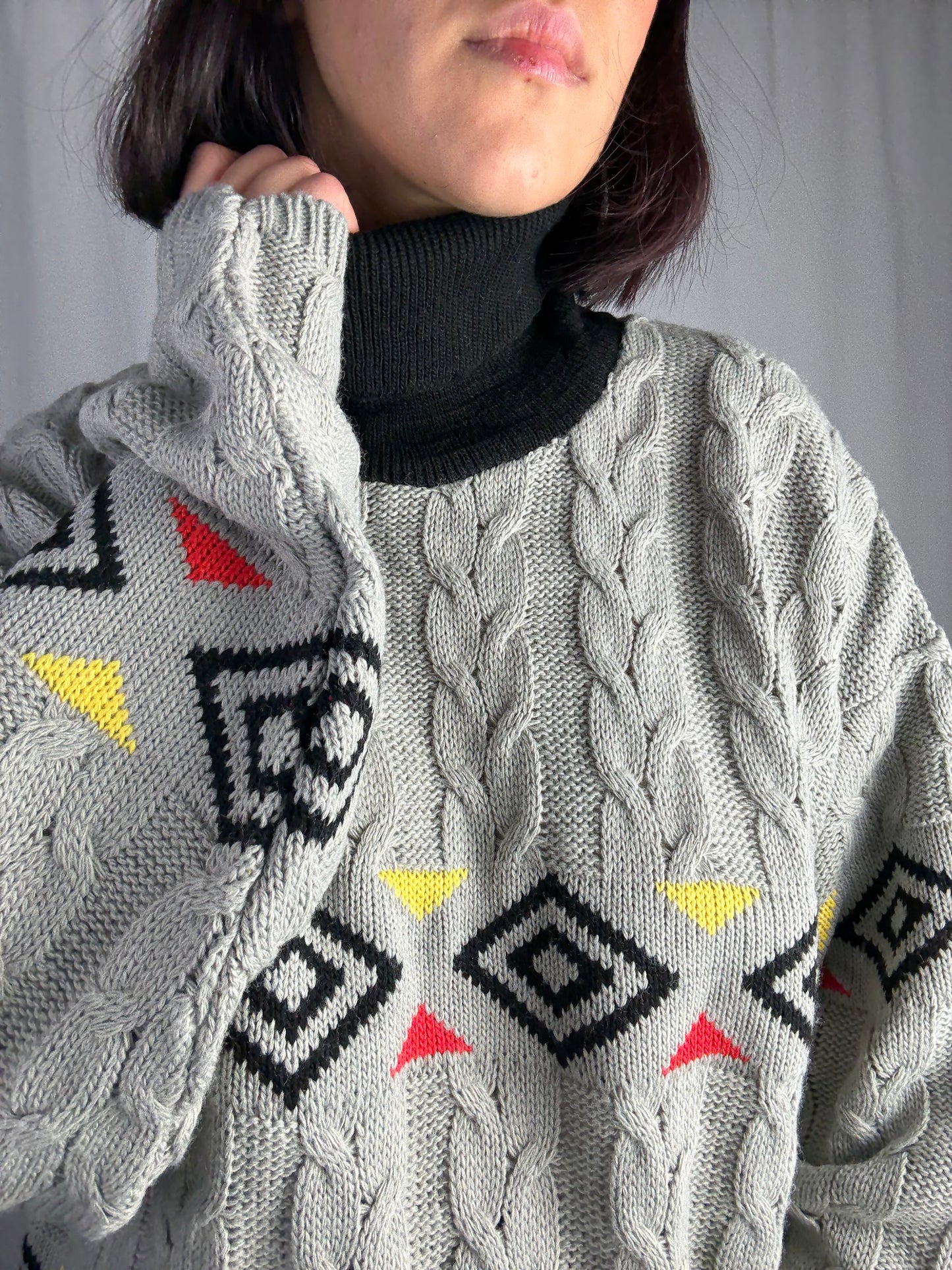 Maglione vintage grigio trecce con motivo geometrico - TG. 46/48/50