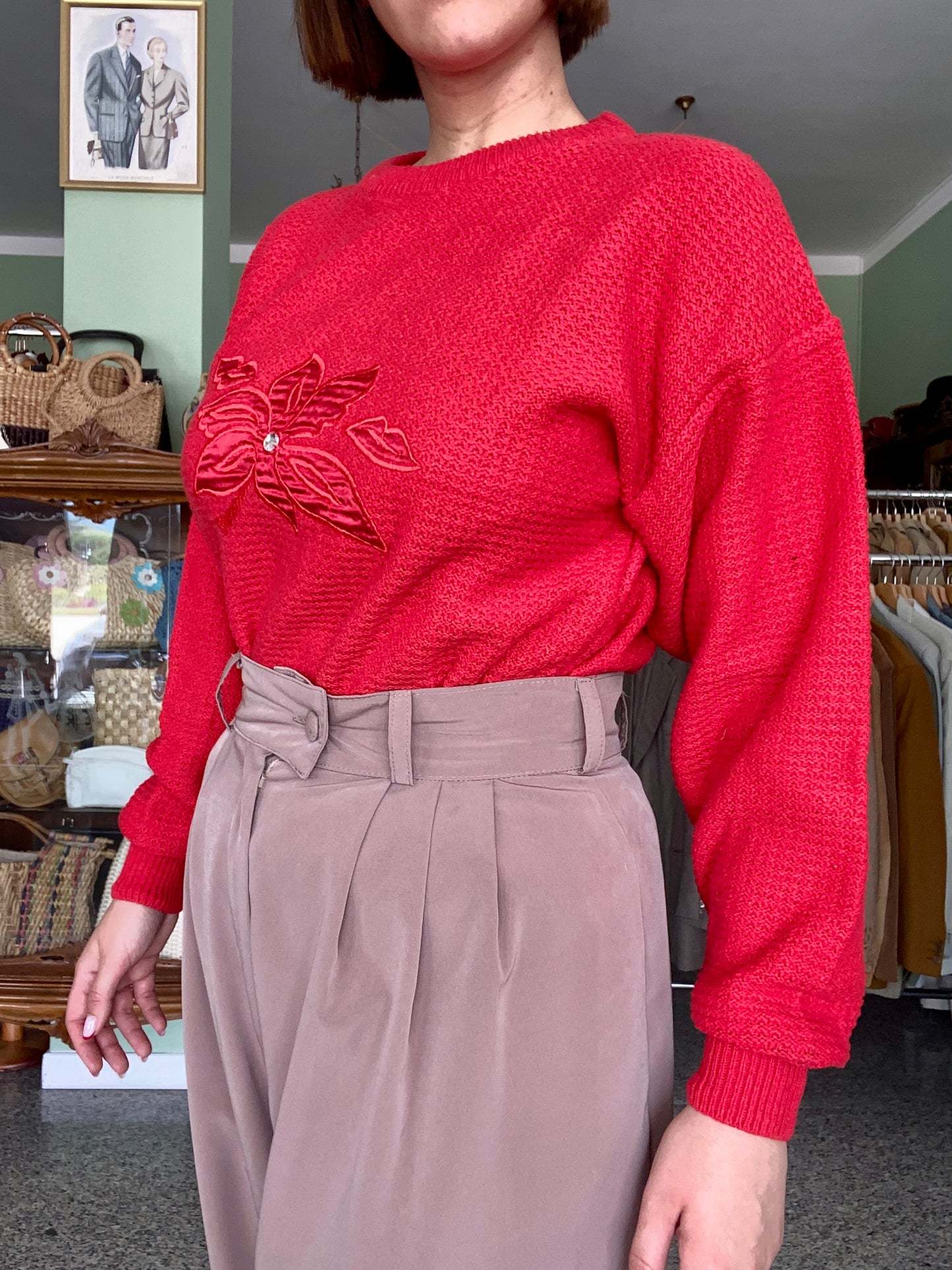 Maglia vintage rossa con ricamo floreale – anni ’80 - TG. 40/42/44 circa