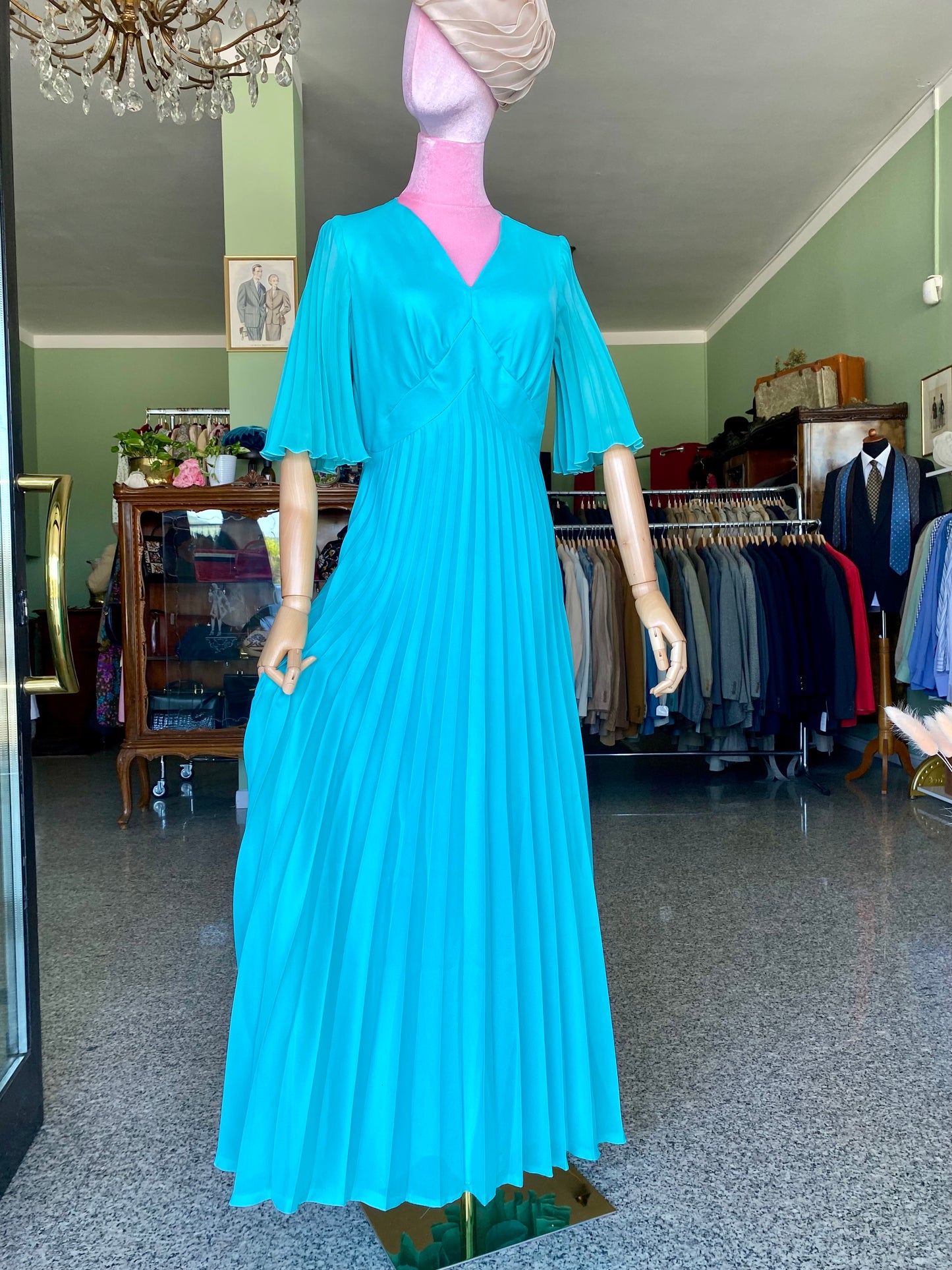 Maxi dress plissettato anni ‘70 turchese - TG.