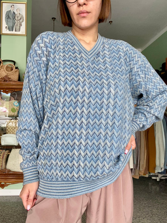 Maglione vintage GioFerrari a zig zag blu anni ‘90 - TG. 48/50