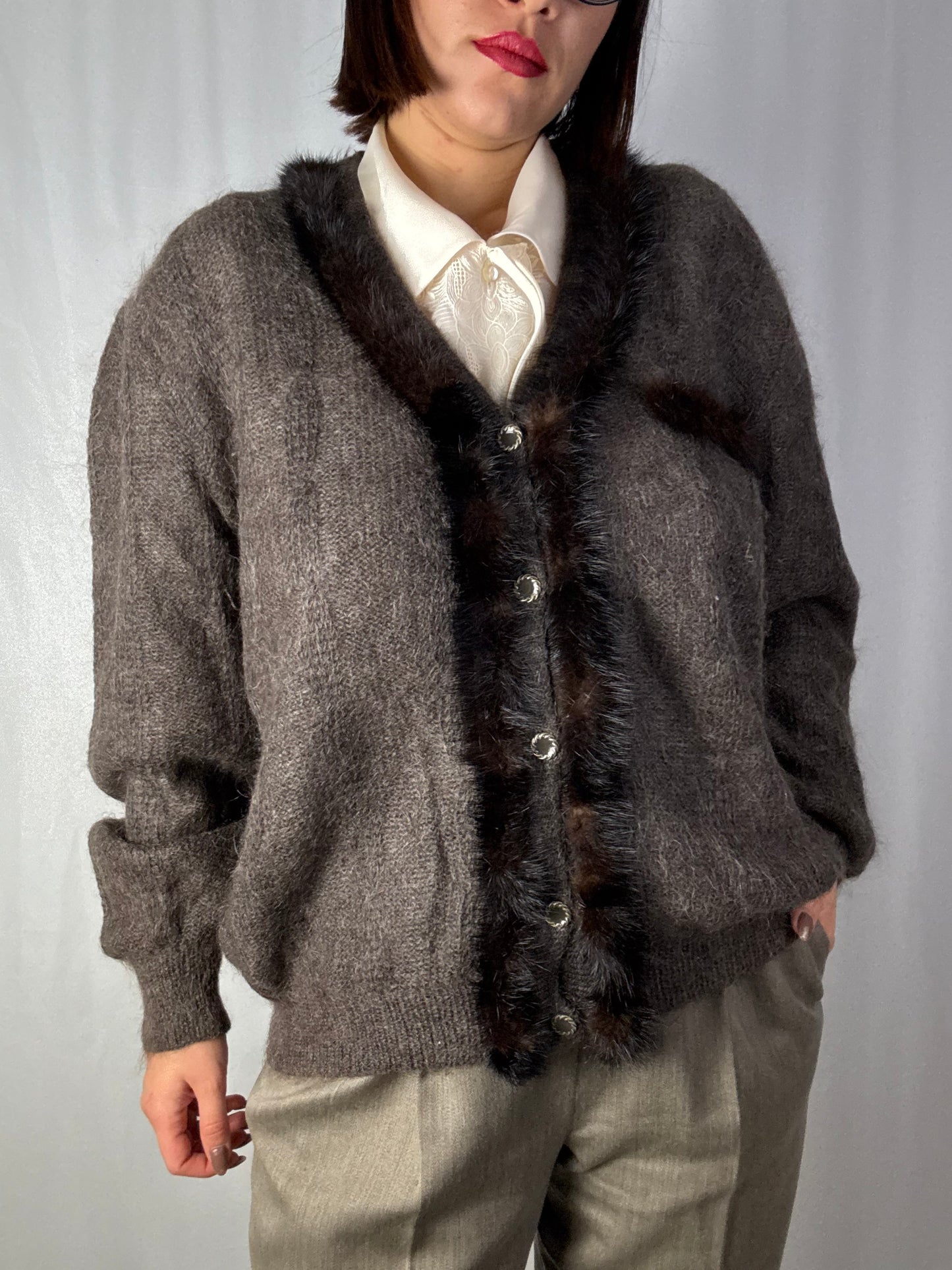 Cardigan Vintage in Mohair con Bordo in Visone – Eleganza Anni ’80 - TG. 48/50