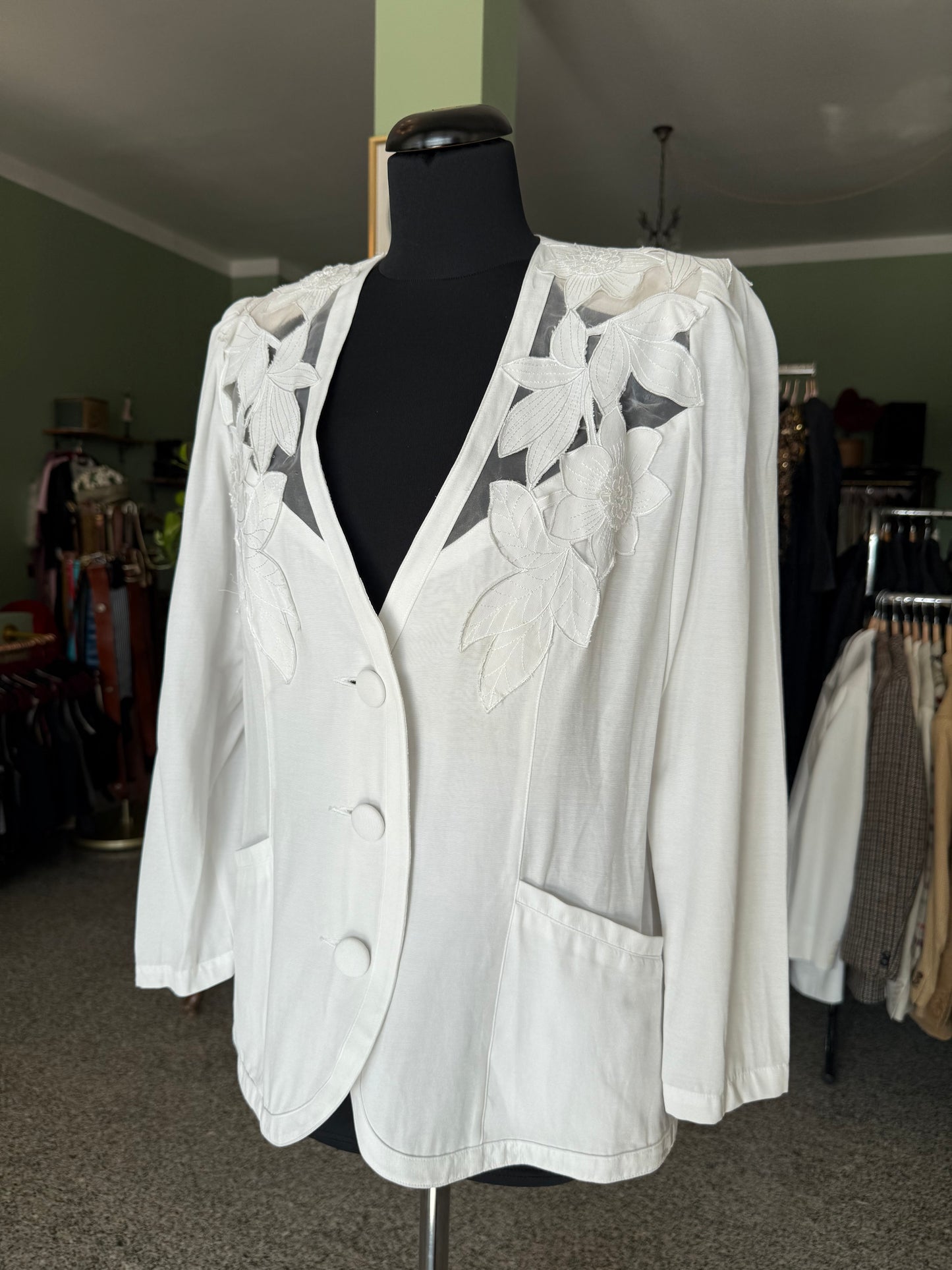 Giacca - camicia bianca anni ’80 con ricami floreali traforati- TG. 44