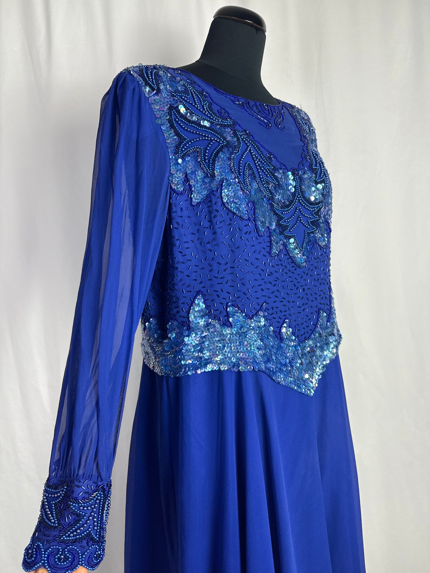 Abito anni ‘80 in seta blu Royal con ricami - TG. 44