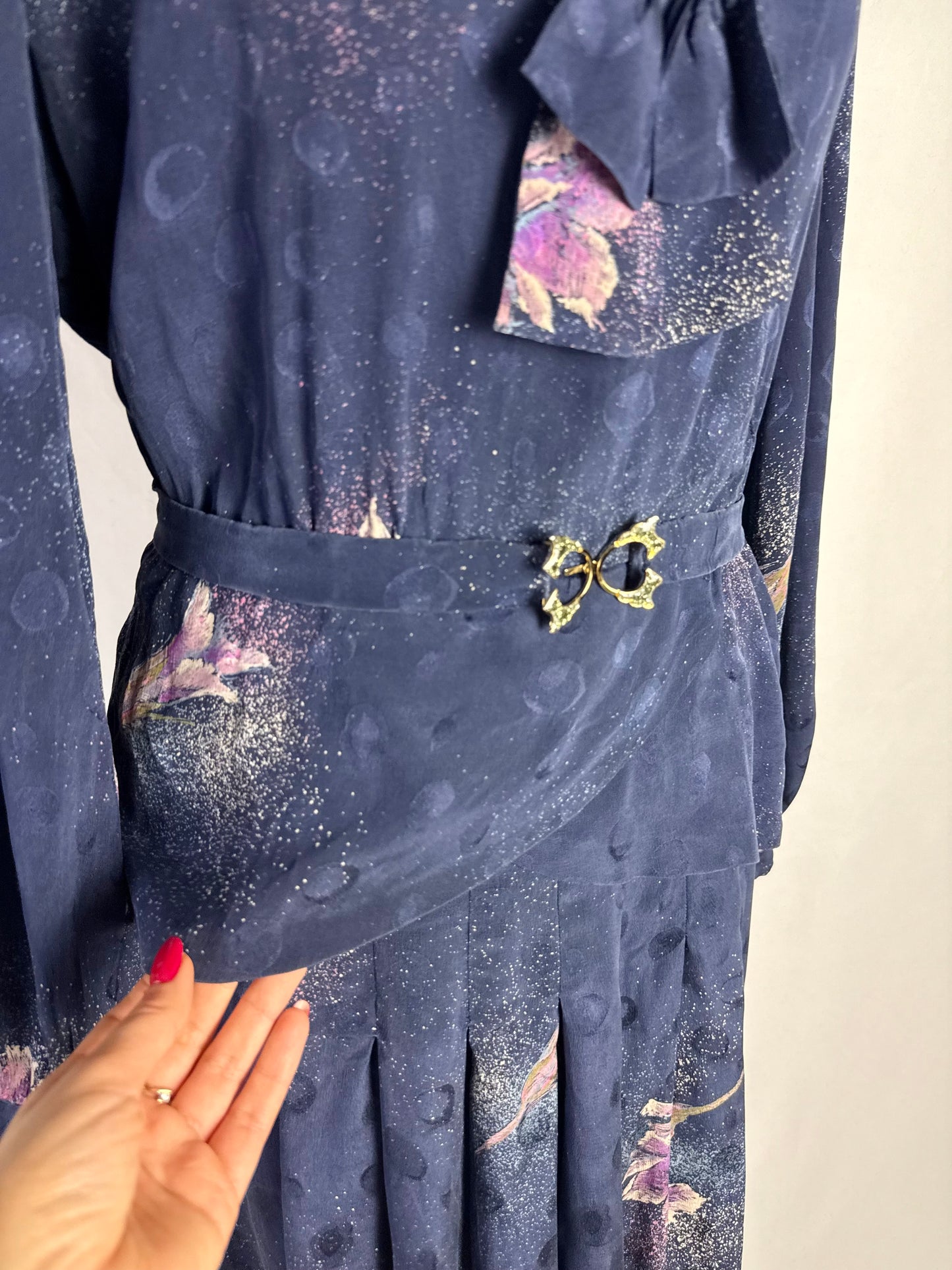 Abito blu in seta con fiori lilla - TG. 46/48