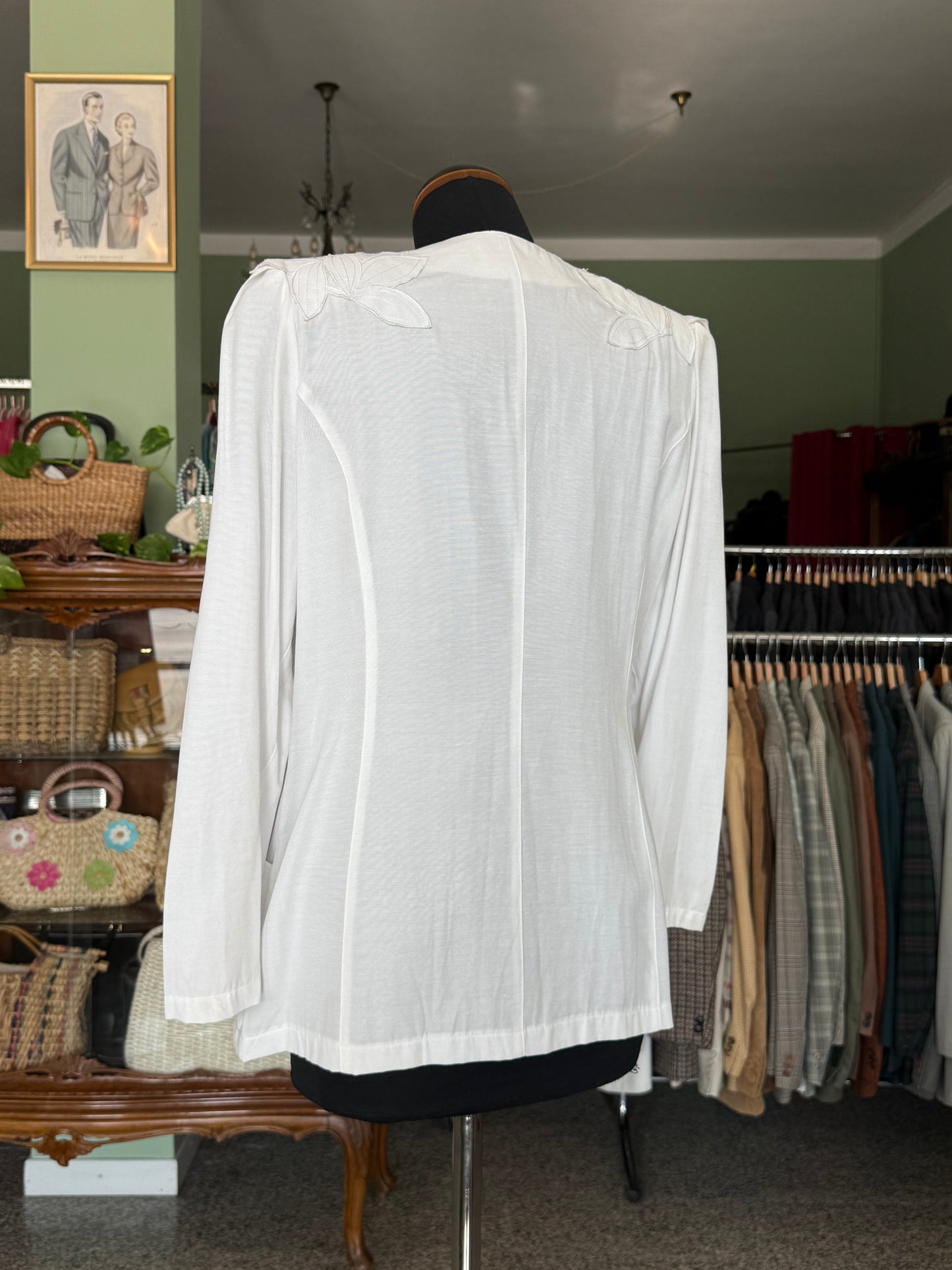 Giacca - camicia bianca anni ’80 con ricami floreali traforati- TG. 44