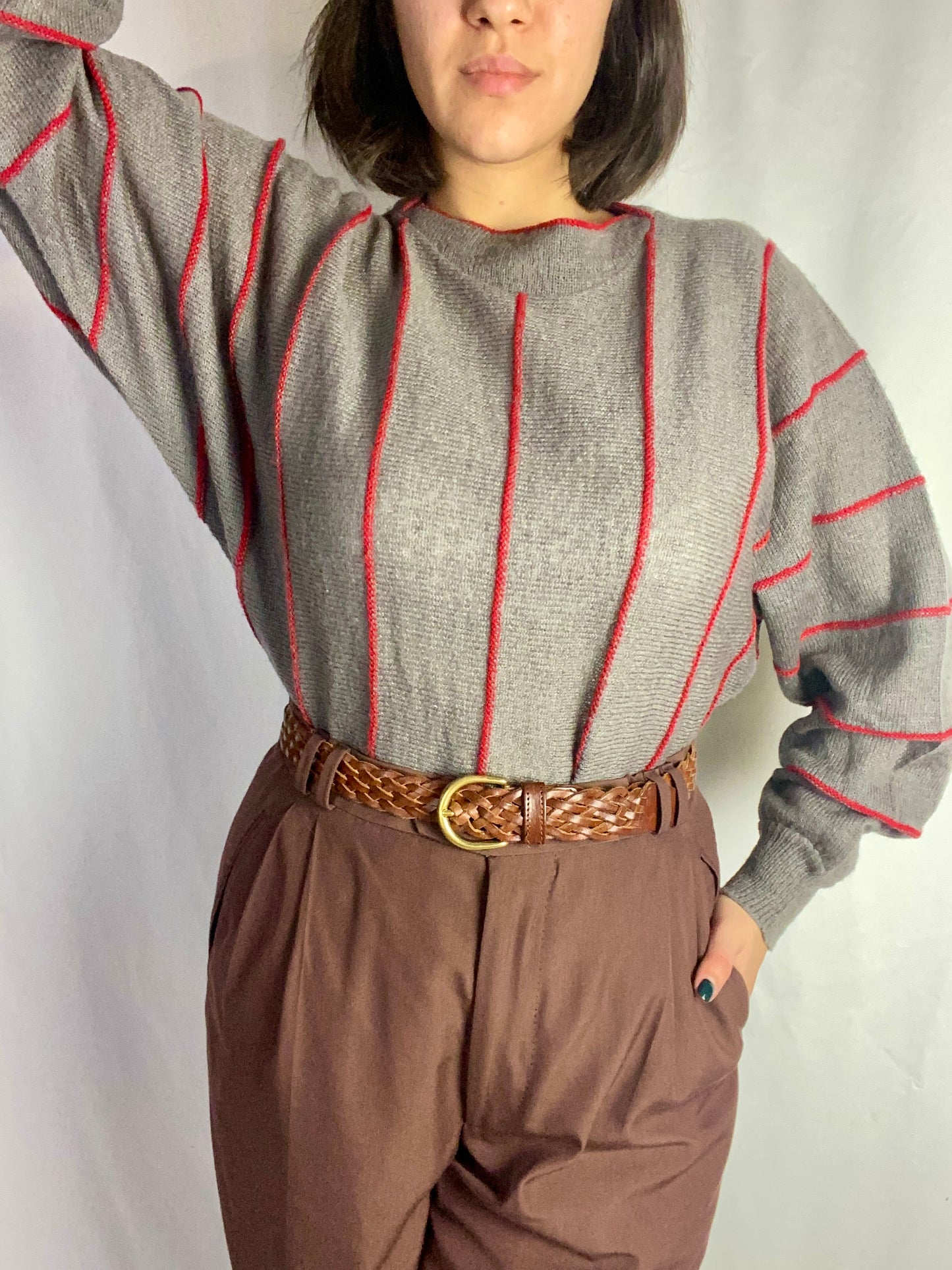 Maglione grigio a righe rosse - TG. 40 - 44