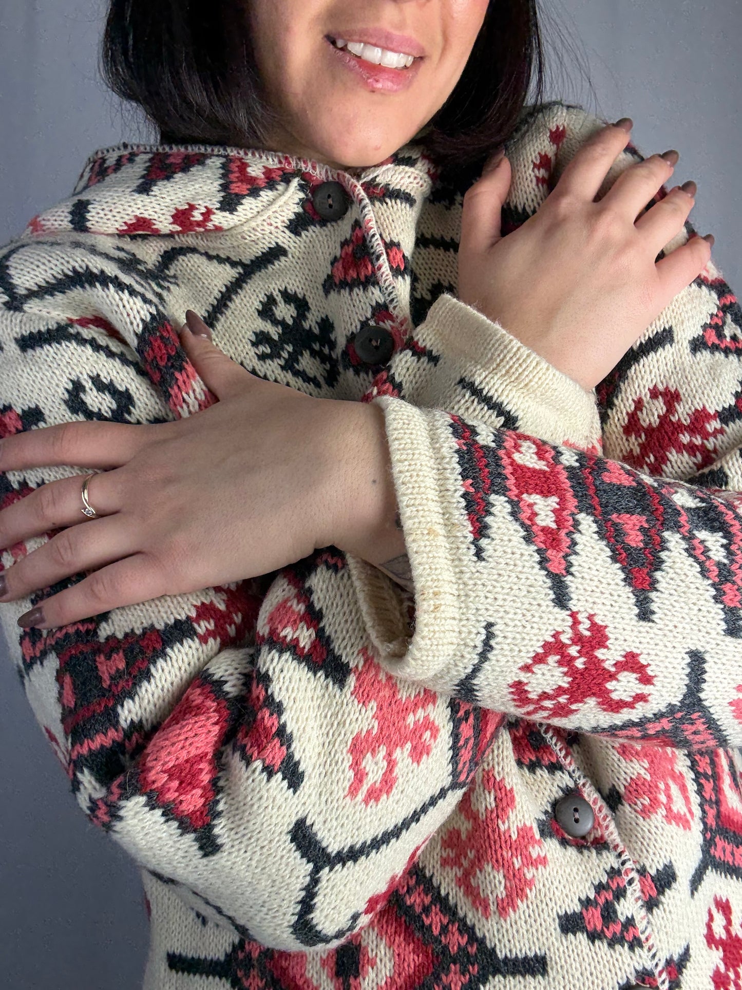 Cardigan vintage jacquard con cappuccio - TG. 38/40