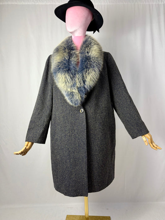 Cappotto  in lana grigia con collo in Volpe Bicolore - TG. 44/46