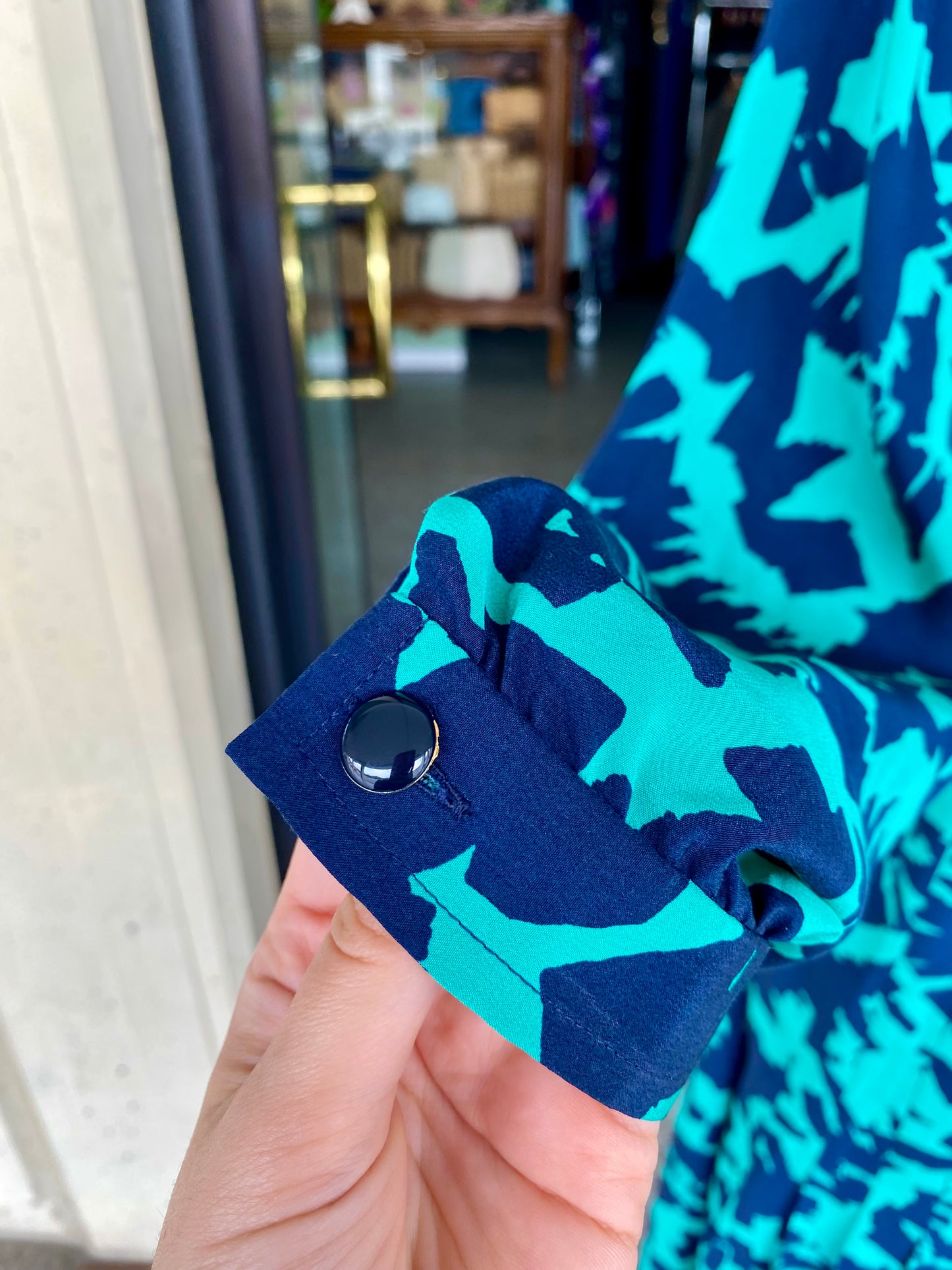 Abito longuette anni ’80 in pura seta – stampa astratta blu e verde - TG. 48/50 circa