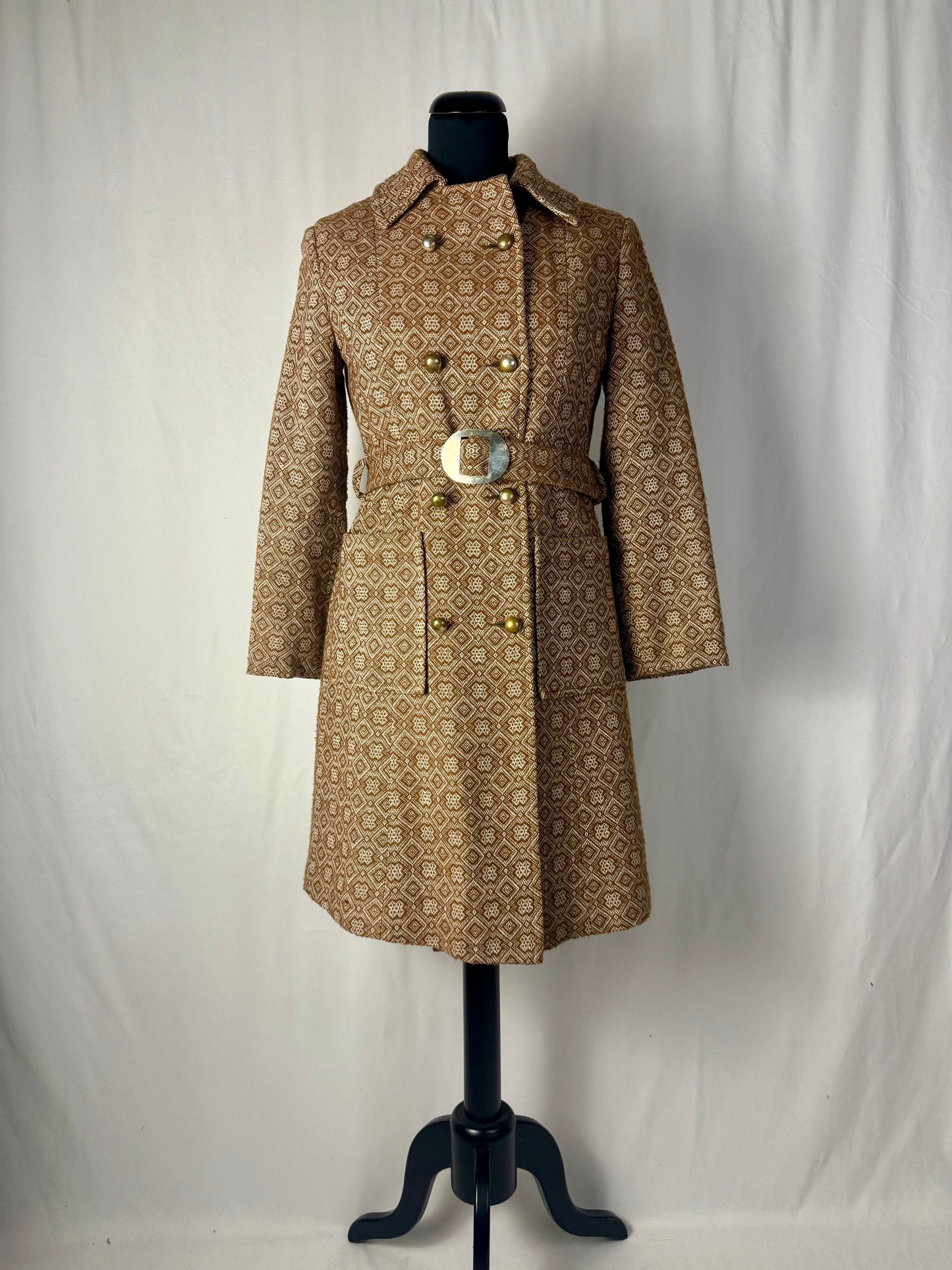 Cappotto anni ’60 in jacquard con cintura e bottoni dorati - TG. 40