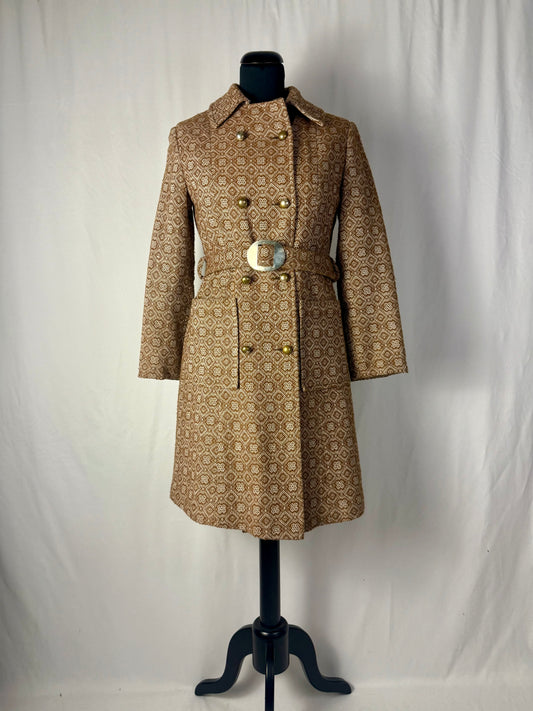 Cappotto anni ’60 in jacquard con cintura e bottoni dorati - TG. 40