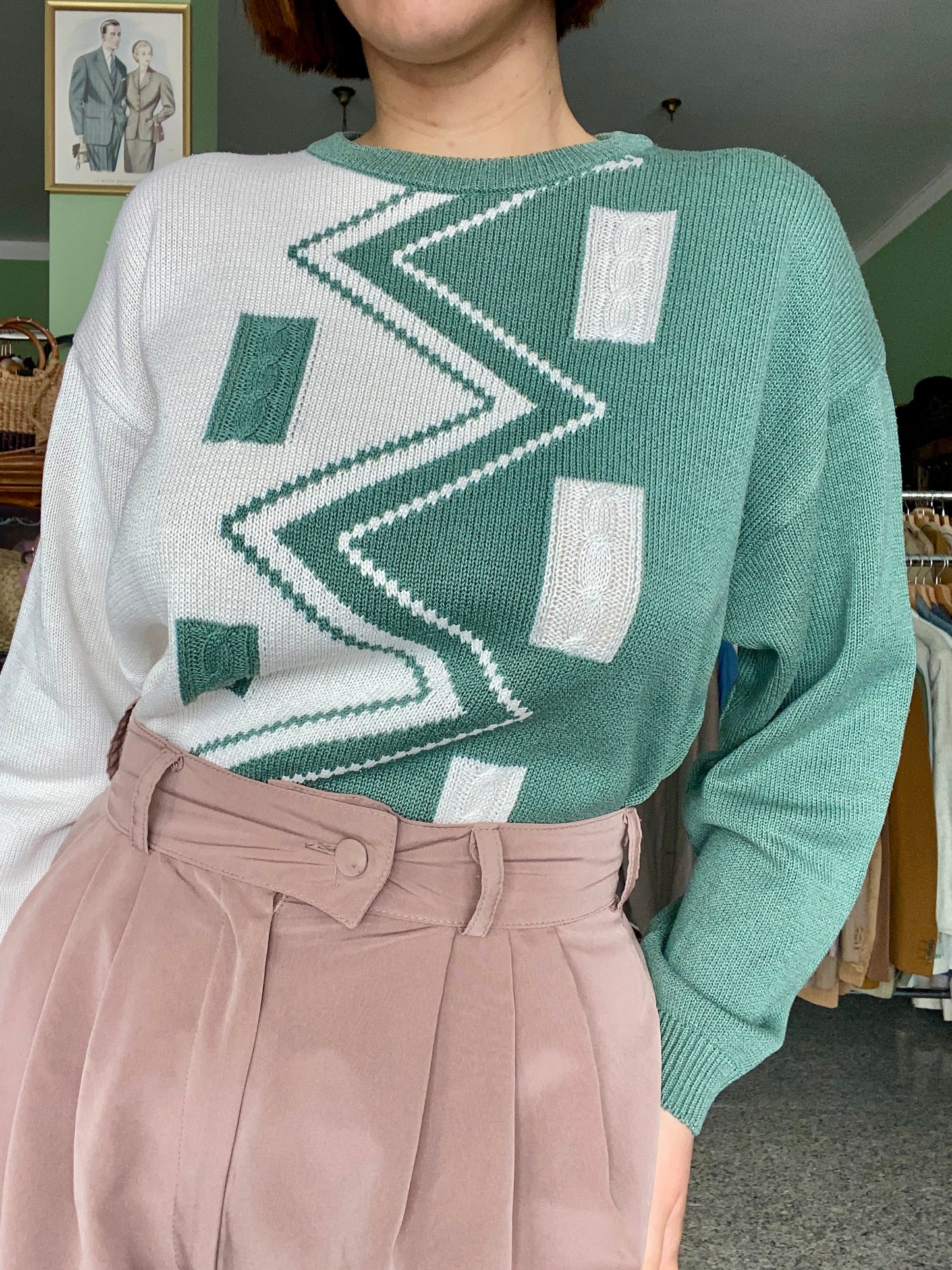 Maglia vintage anni ’80/’90 con pattern geometrico verde salvia e panna - TG. 44/46 circa