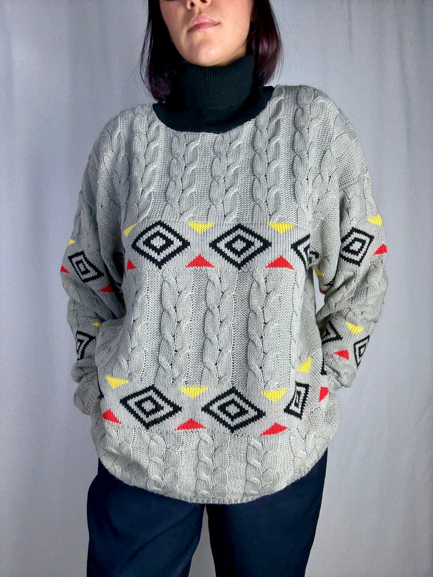 Maglione vintage grigio trecce con motivo geometrico - TG. 46/48/50