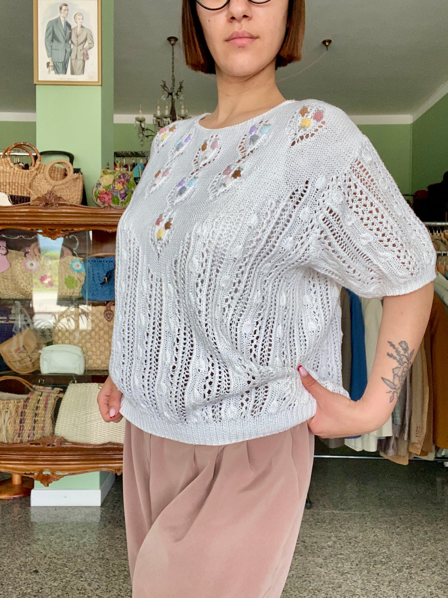 Maglia traforata anni '80 in puro cotone ricamato a mano – made in Shanghai - TG. 46/48 circa