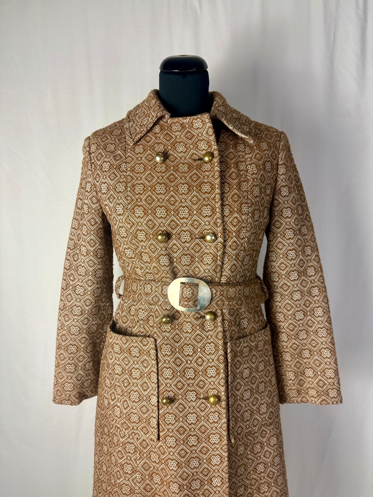 Cappotto anni ’60 in jacquard con cintura e bottoni dorati - TG. 40