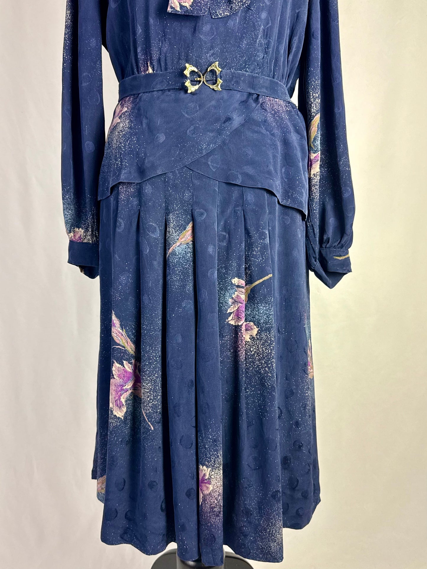 Abito blu in seta con fiori lilla - TG. 46/48