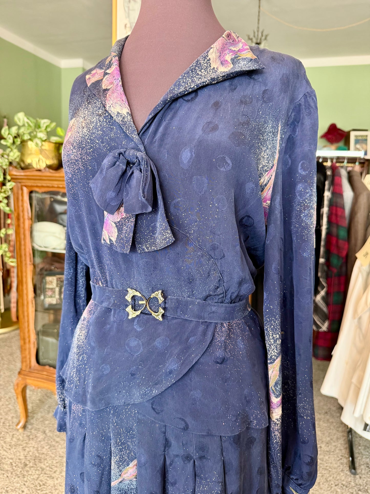 Abito blu in seta con fiori lilla - TG. 46/48