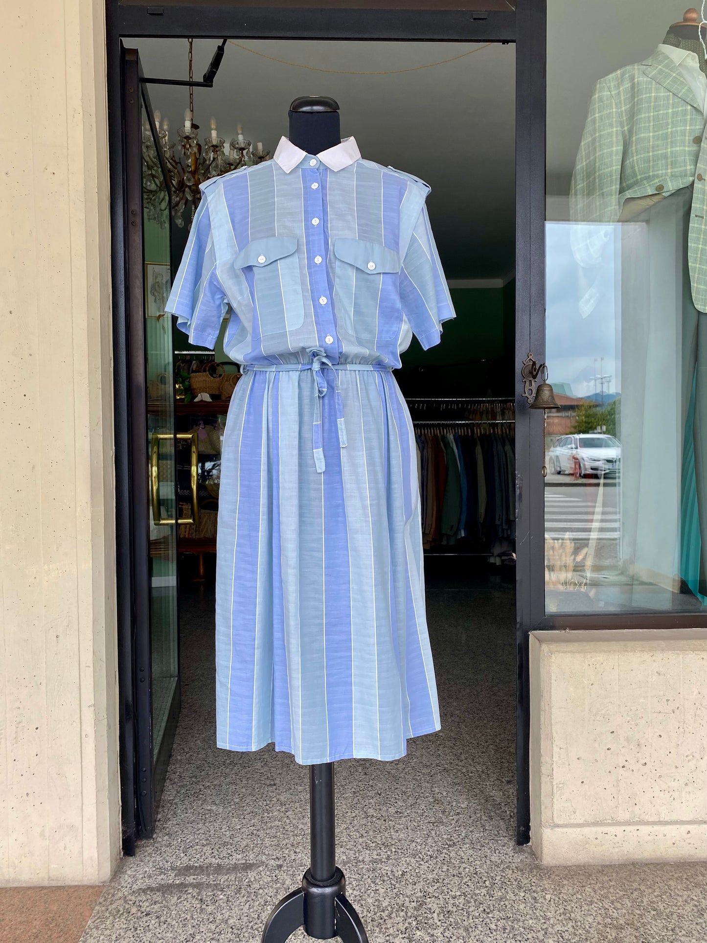 Abito chemisier vintage in cotone a righe azzurre - TG. 40/42