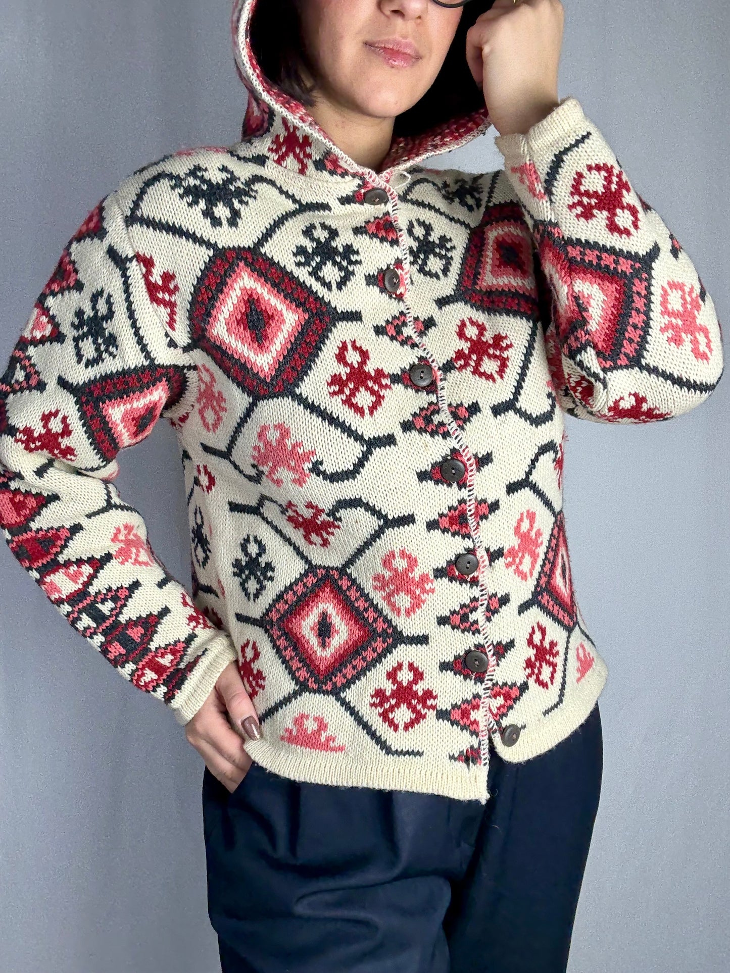 Cardigan vintage jacquard con cappuccio - TG. 38/40