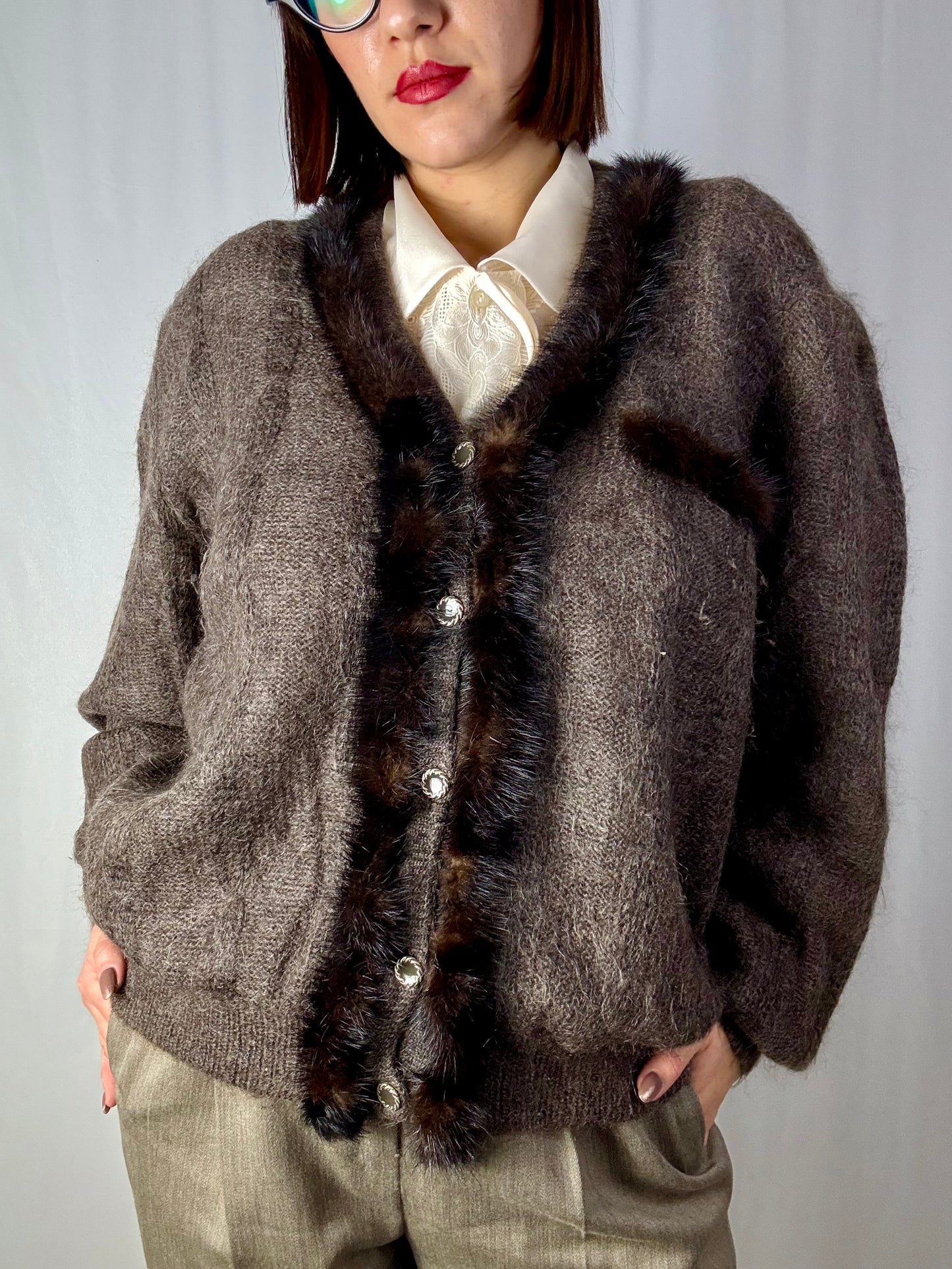 Cardigan Vintage in Mohair con Bordo in Visone – Eleganza Anni ’80 - TG. 48/50