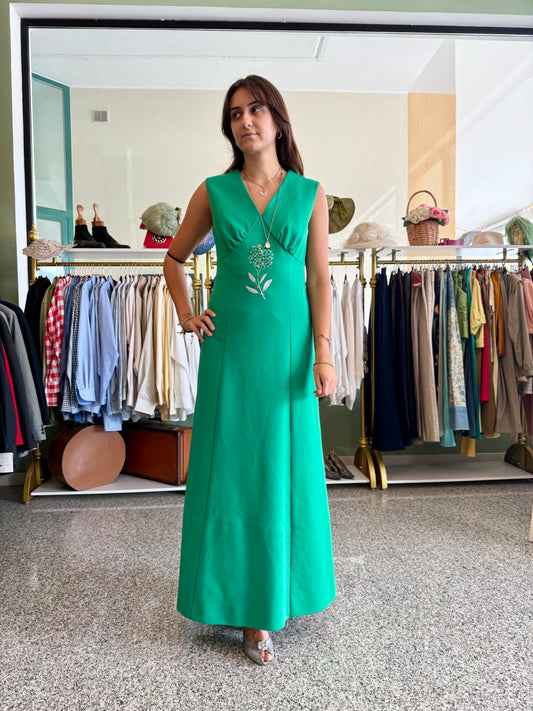 Maxi dress anni ‘70 verde brillante con ricamo floreale - TG. 40