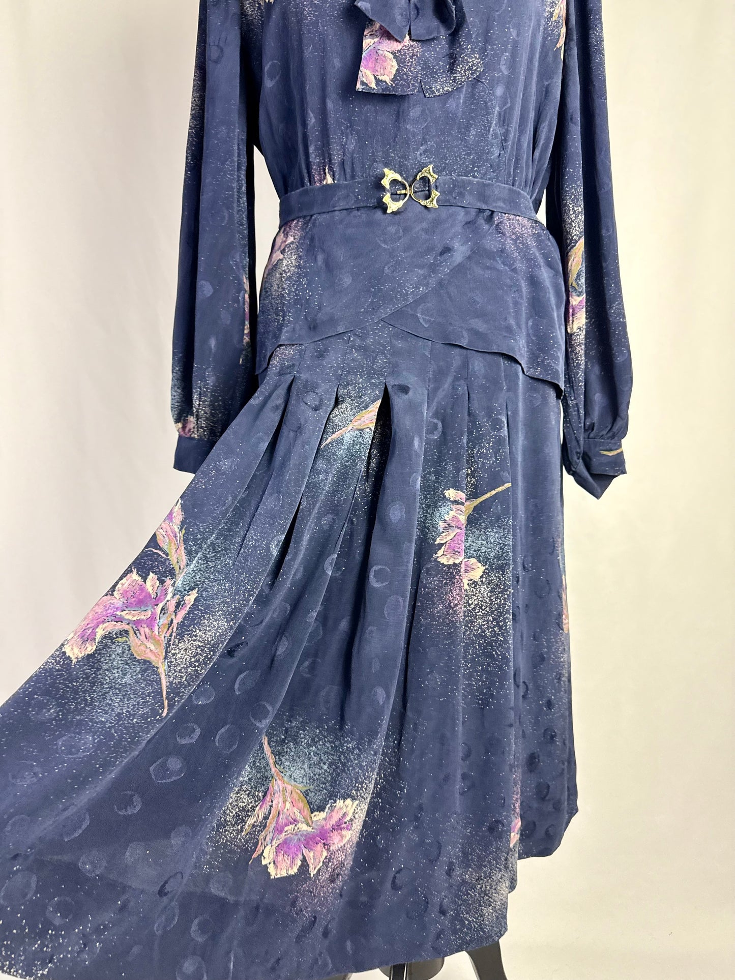Abito blu in seta con fiori lilla - TG. 46/48