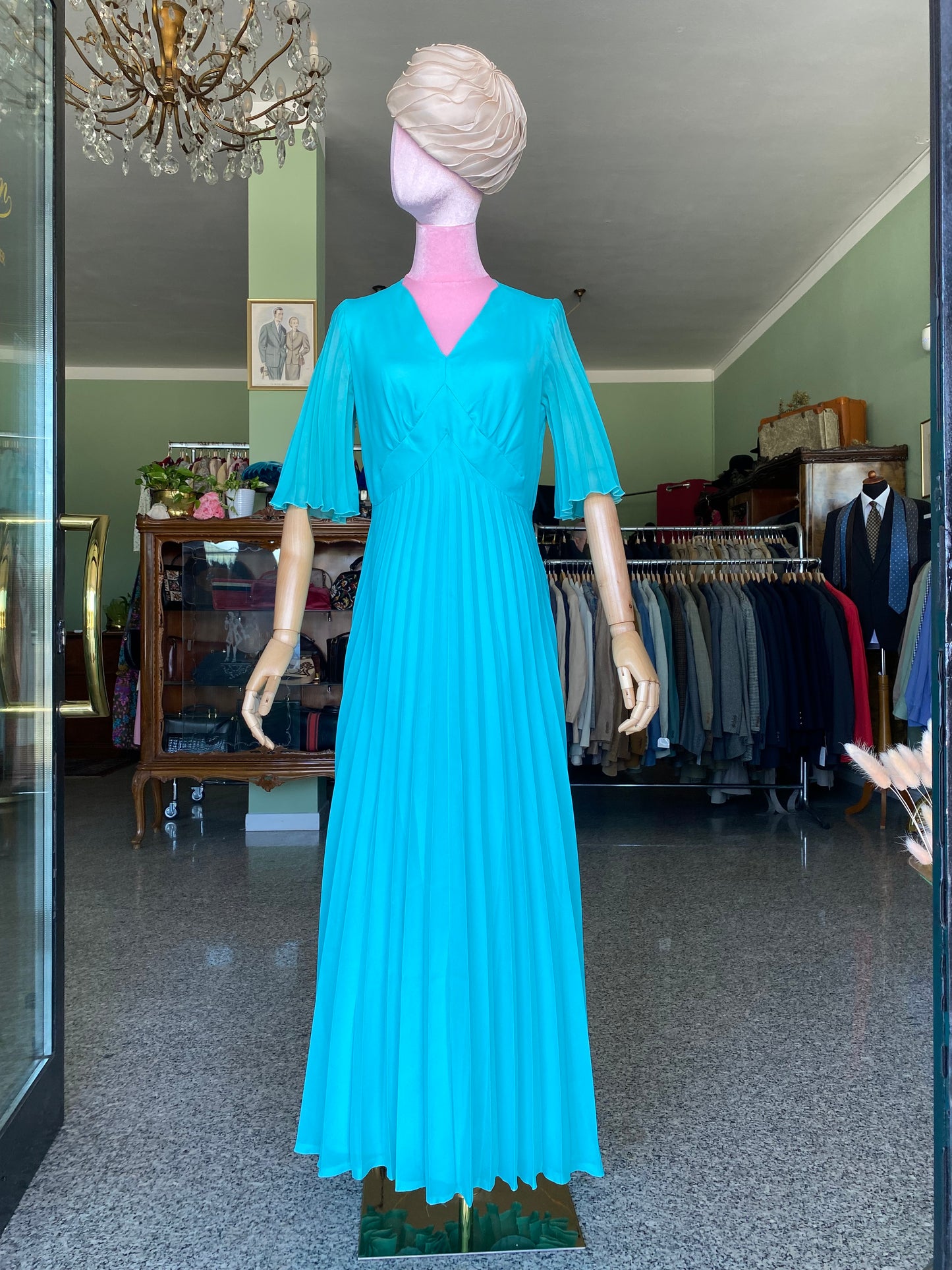 Maxi dress plissettato anni ‘70 turchese - TG.