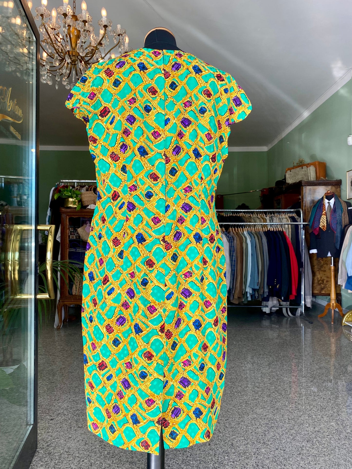 Abito sartoriale anni ’60 in pura seta – Gioiello grafico su fondo smeraldo - TG. 44/46