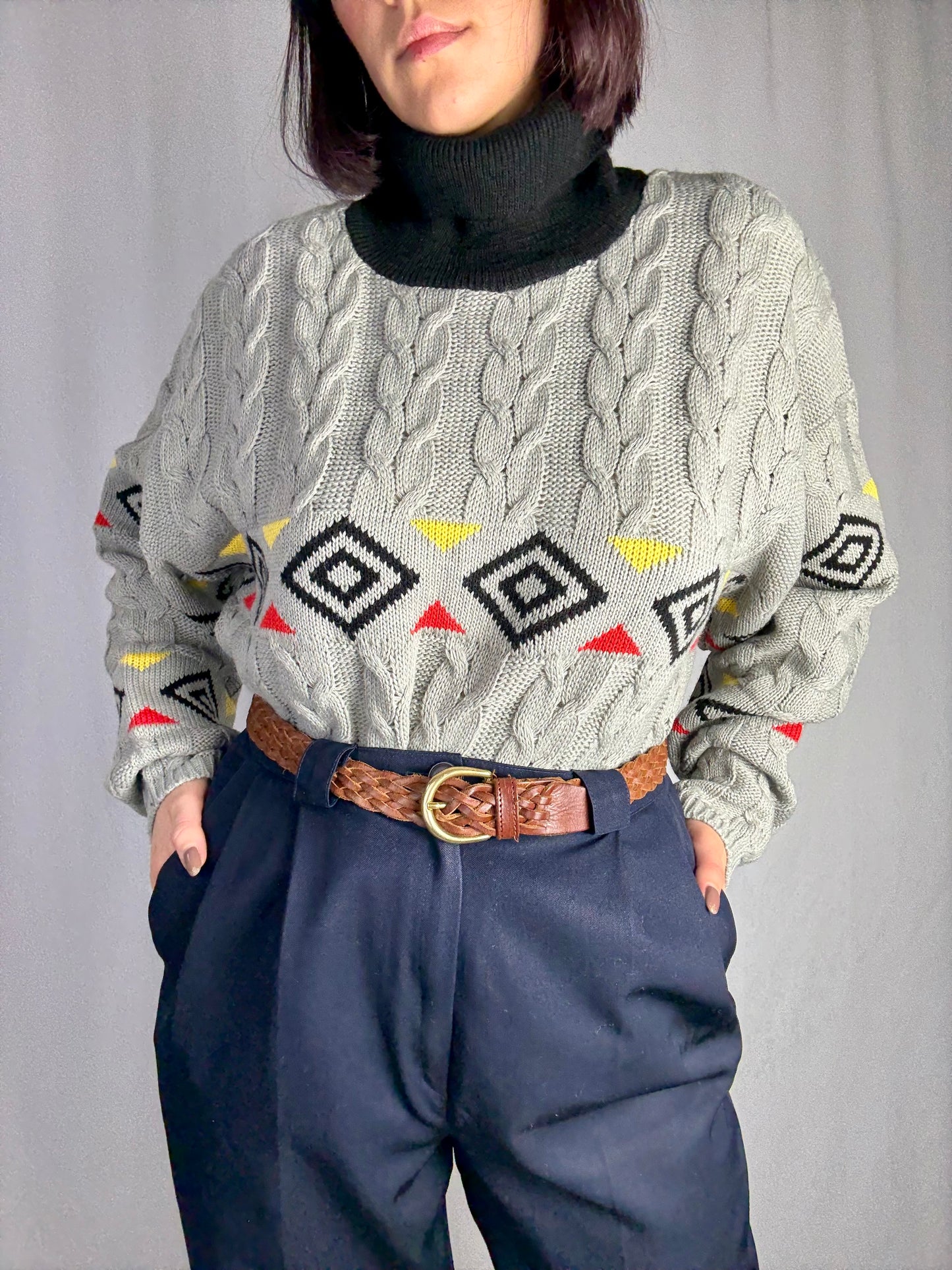 Maglione vintage grigio trecce con motivo geometrico - TG. 46/48/50