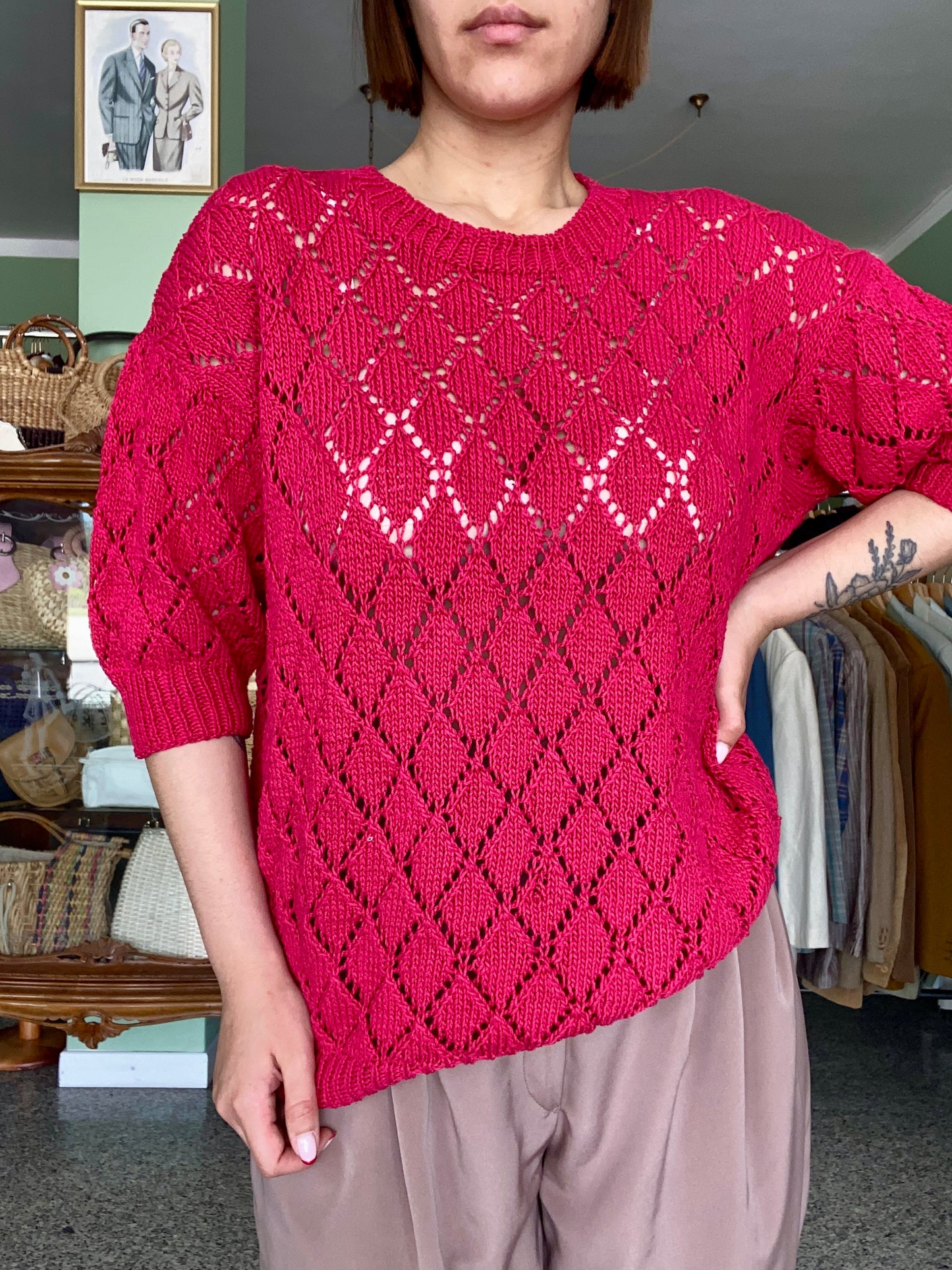 Maglia traforata vintage rosso ciliegia (anni ’80 – fatta a mano) - TG. 40/42 circa
