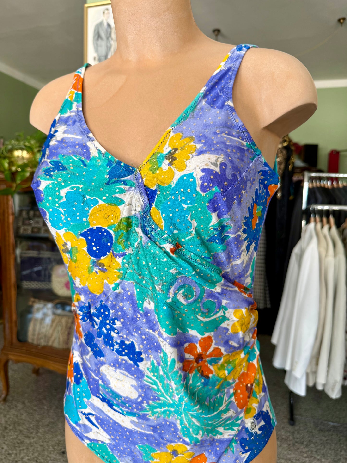 Costume intero lilla con fiori arancio/gialli- TG. 44/46