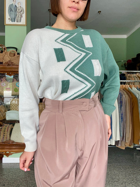 Maglia vintage anni ’80/’90 con pattern geometrico verde salvia e panna - TG. 44/46 circa