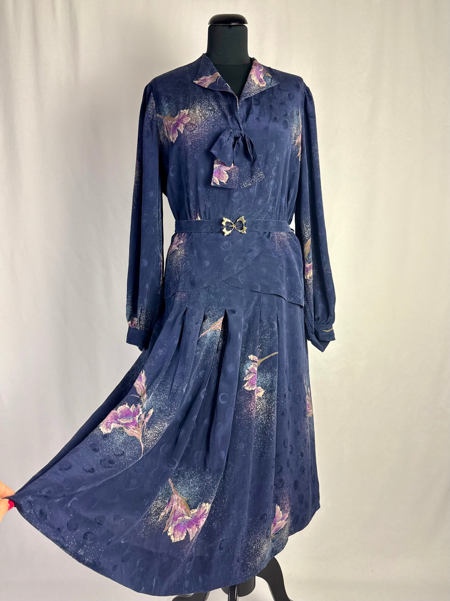 Abito blu in seta con fiori lilla - TG. 46/48