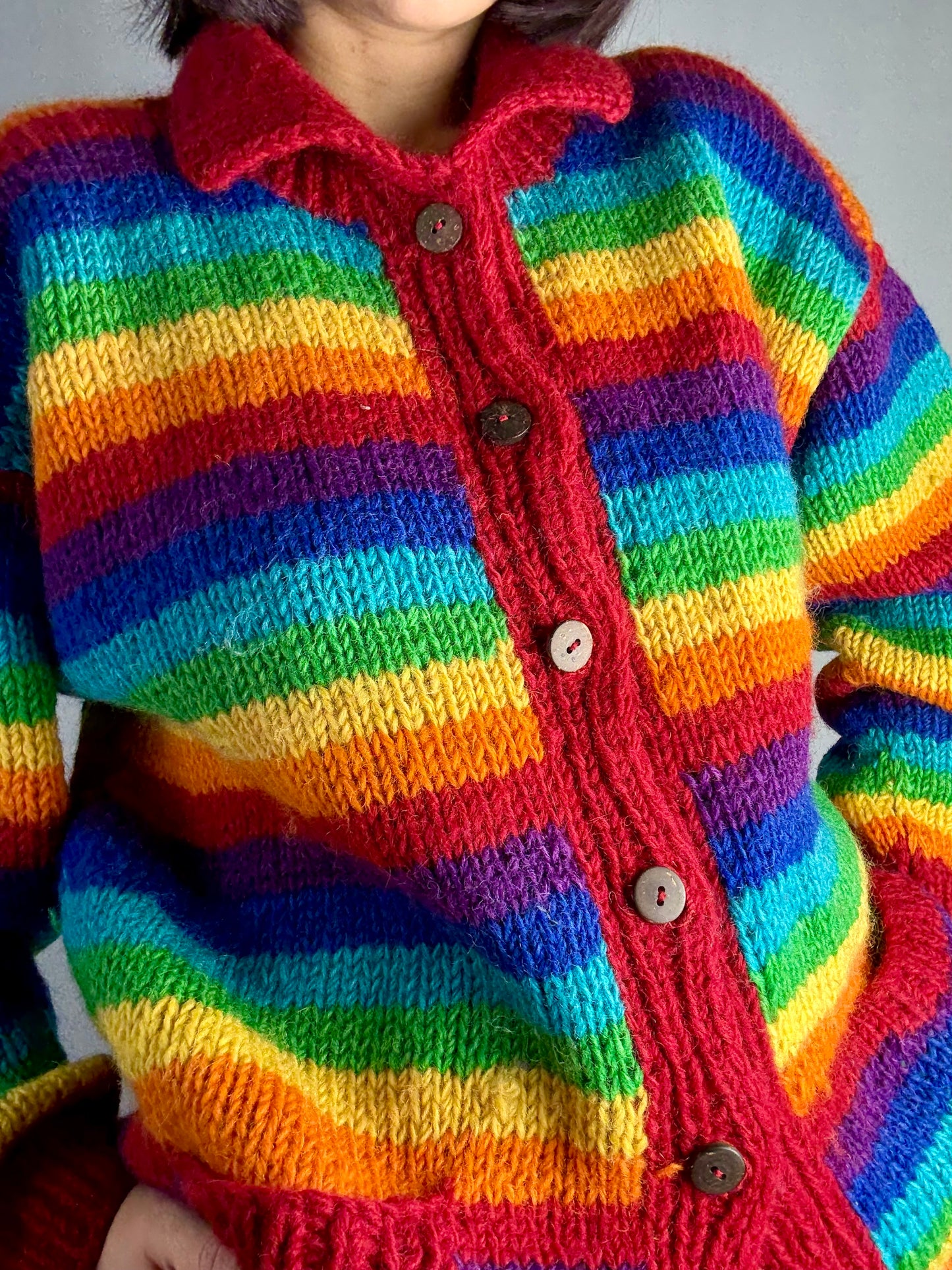 Cardigan in lana artigianale arcobaleno a righe - TG. 46/48/50