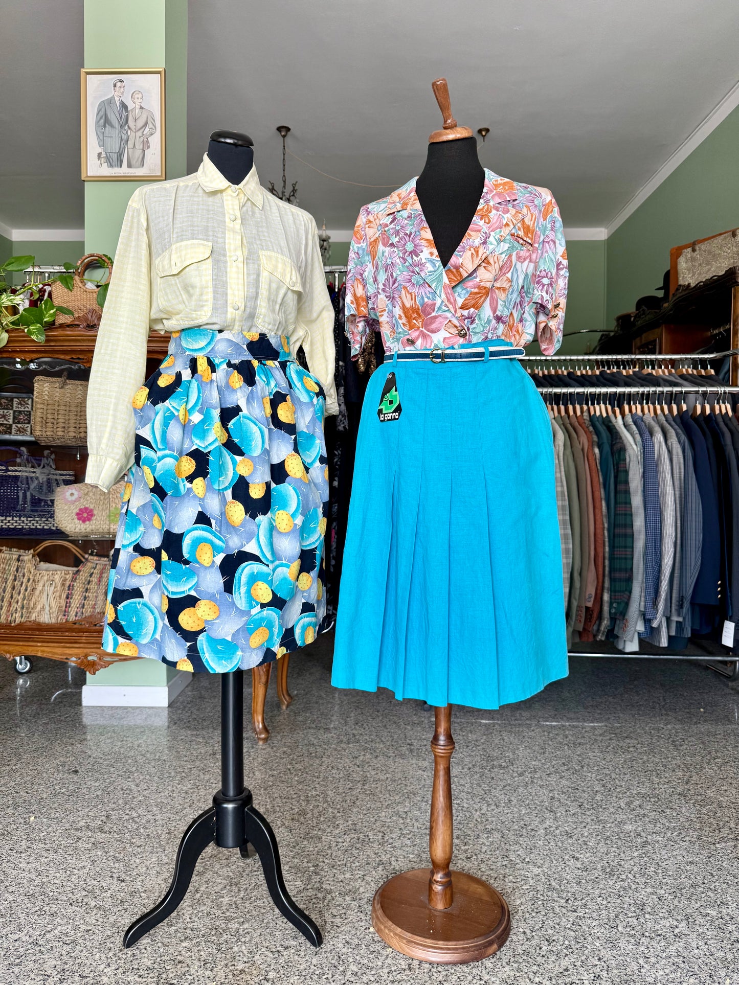 Gonna turchese anni ‘70 in lino e cotone - TG. 40