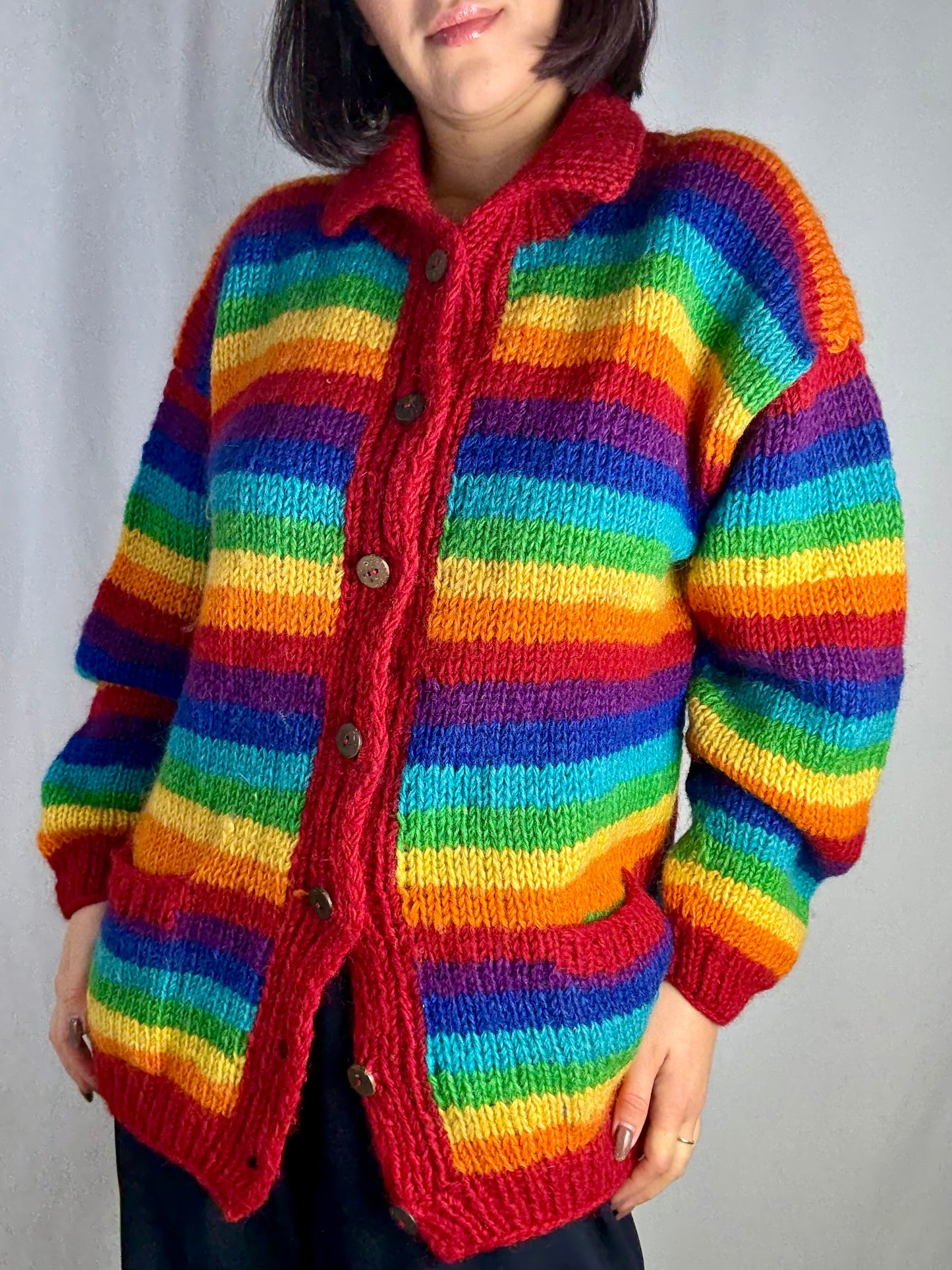 Cardigan in lana artigianale arcobaleno a righe - TG. 46/48/50