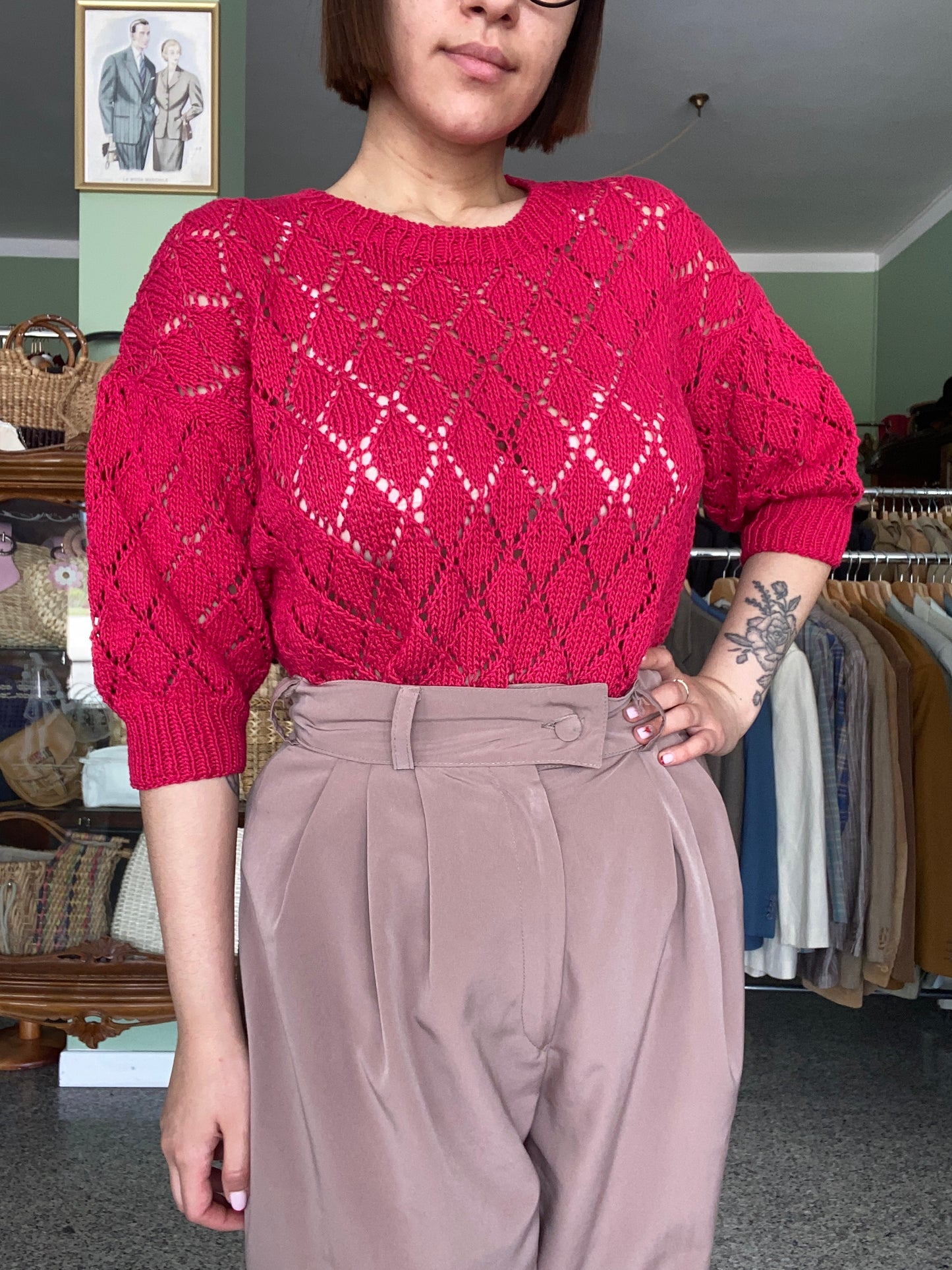Maglia traforata vintage rosso ciliegia (anni ’80 – fatta a mano) - TG. 40/42 circa