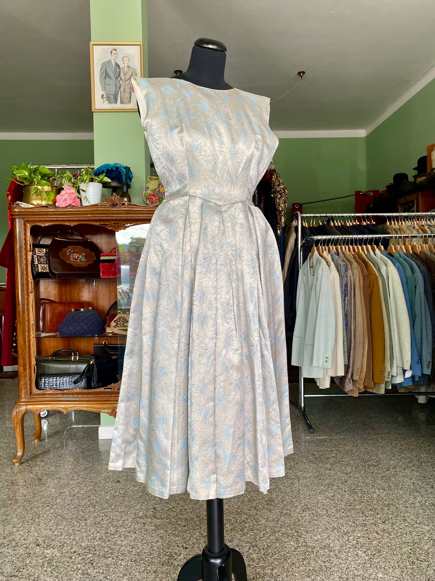 Abito originale anni ’50 in broccato lamé a motivo piumato - TG. 38